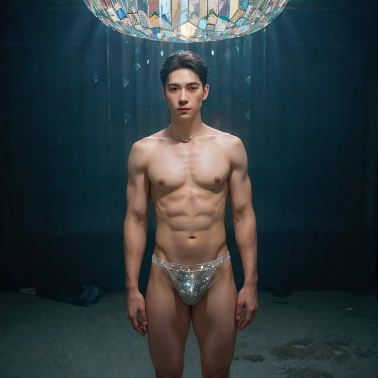 (realistic, Masterpiece, best quality, height, Highly detailed), Handsome young man poses nude surrounded by crystal, The identity of the crystal as a human, 18 year old male, bright colors, realistic light, SPARKLING REFLECTION, Bright and radiant skin, Chisel body, intense stare, striking features, Well-defined jaws, messy hair, Confident and relaxed posture, artistic elements, Elegant and elegant gestures, Fascinating and mesmerizing expression, The man's body is covered with delicate and complex crystals., Create a mesmerizing and ethereal effect., Impeccable attention to detail, Flawless surface rendering, The perfect combination of realism and fantasy, Incredible depth and dimensions, The difference that attracts attention between the smoothness of men's skin and the texture of the crystals, The combination of the human shape with the crystal that surrounds it seamlessly, Causes a sense of elegance, beauty, and mystery, A powerful symbol of purity and strength, embodied by the elements of the crystal., Expertly applied shadows and highlights to enhance the three-dimensional quality of the image., Expertly using colors to create a dream-like atmosphere, Delicate and delicate light and shadow, Create beautiful, spectacular and emotional scenes, Exquisite workmanship and skillful execution, capturing the essence of both the human form and the ethereal beauty of crystals, Create an impressive and memorable viewing experience.front view,full body image,((((Convex crotch))))