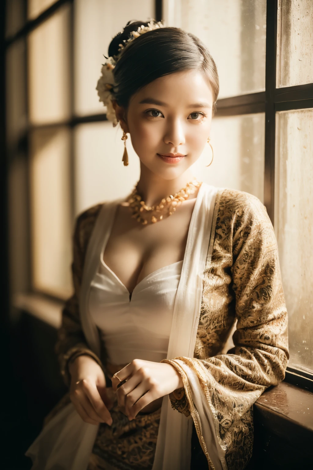 (best quality,4k,8k,highres,masterpiece:1.2),ultra-detailed,(realistic,photorealistic,photo-realistic:1.37),portrait,stunning Burmese patterned traditional dress lady,beautifully adorned,eye-catching brocade patterns,rich and vibrant colors,detailed embroidery work,exquisite textures,meticulously handcrafted dress,vividly captures the essence of Burmese culture,traditional floral motifs,graceful silhouette,fine folds and pleats,accentuates the lady's elegance,black single bun hair with flower,intricately arranged hairpiece,delicate and feminine,adds a touch of sophistication,soft yet confident expression,deep and captivating eyes,lustrous lips with a hint of a smile,flawless complexion,golden accessories,polished and refined,mesmerizing presence,subtle lighting,dramatic shadows,showcases the lady's grace and beauty,immersive visual experience,sexy,nude,naked,sexual attractive face action