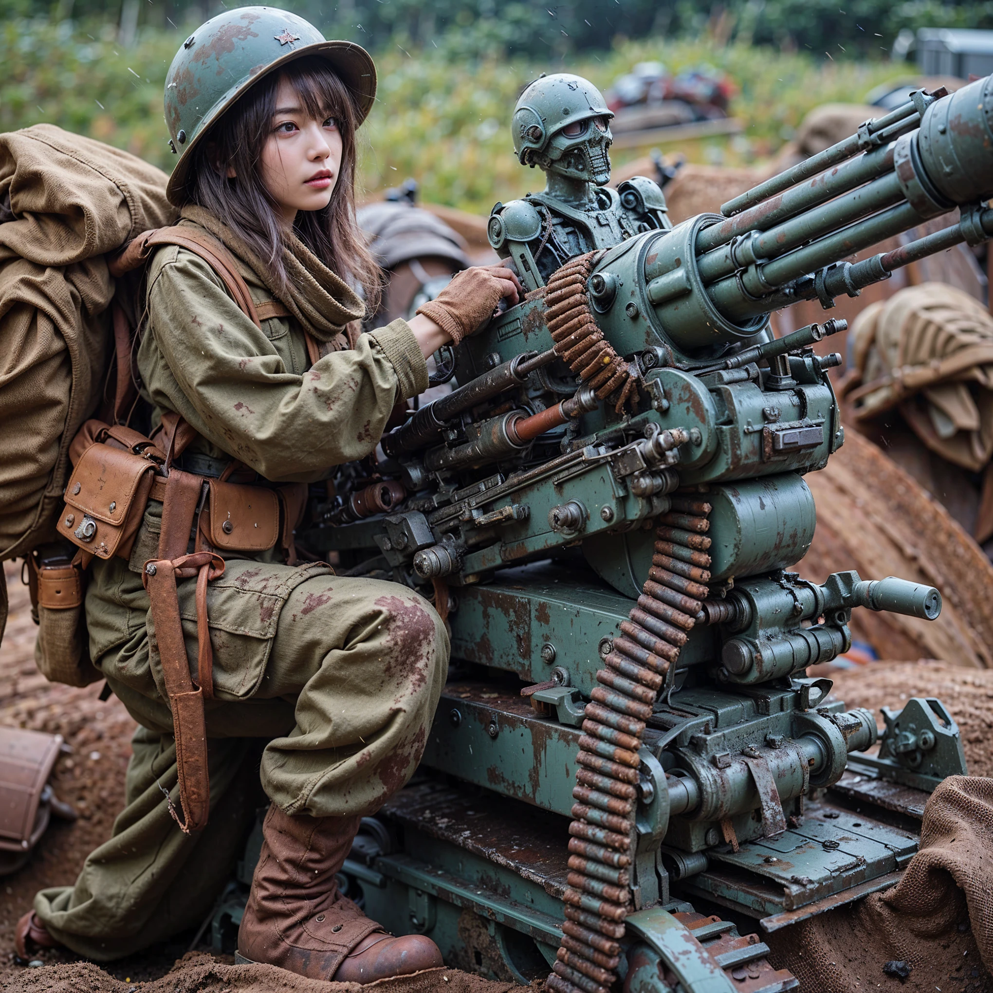 ((super intricate all details)),((super realistic all textures)),Overall photo of a female soldier sitting on a piece of fictional WWII Japanese military type weapon, beautiful face, dirty clothes, very intricate details, olive drab paint, peeling paint, weathering, rust, taken with Fuji film X-T30+Nokton. HDR10