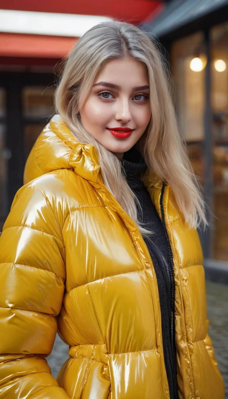 hyperrealistic beautiful busty 19-year-old woman with long legs wearing casual winter outfit with shiny yellow vinyl puffer coat, model shooting full body photography, bleached blonde very long straight hair, soaky wet skin, dark eye makeup with eyeliner, seductive smile, red lips, 8K, Best quality, Meisterwerk, ultra high resolution, (Realismus: 1.4), Originalfoto, (realistische Hautstruktur: 1.3), (Filmkorn: 1.3), (Selfie-Winkel), 1 girl, Beautiful round hazel eyes and facial details, Meisterwerk, Best quality, outdoor photography