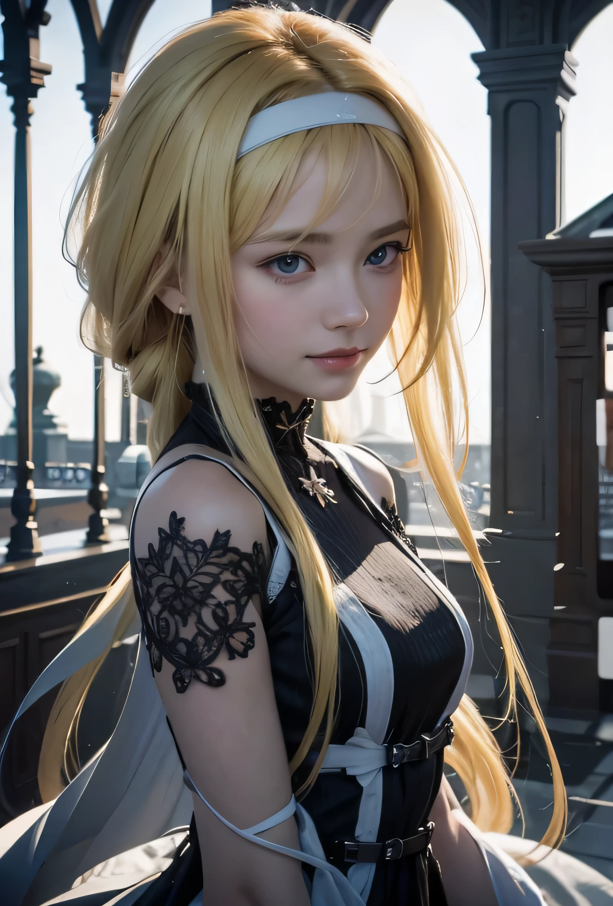 masterpiece, best quality, (realistic,photo-realistic:1.4), (RAW photo:1.2), extremely detailed CG unity 8k wallpaper, delicate and beautiful, amazing,finely detail, official art, absurdres, incredibly absurdres, huge filesize, ultra-detailed,extremely detailed eyes and face,light on face,(little smile),(blonde hair:1.4),(wearing black dress:1.5),(long hair:1.4),alice zuberg,nature,close up,potrait,(nature:1.4),white hairband