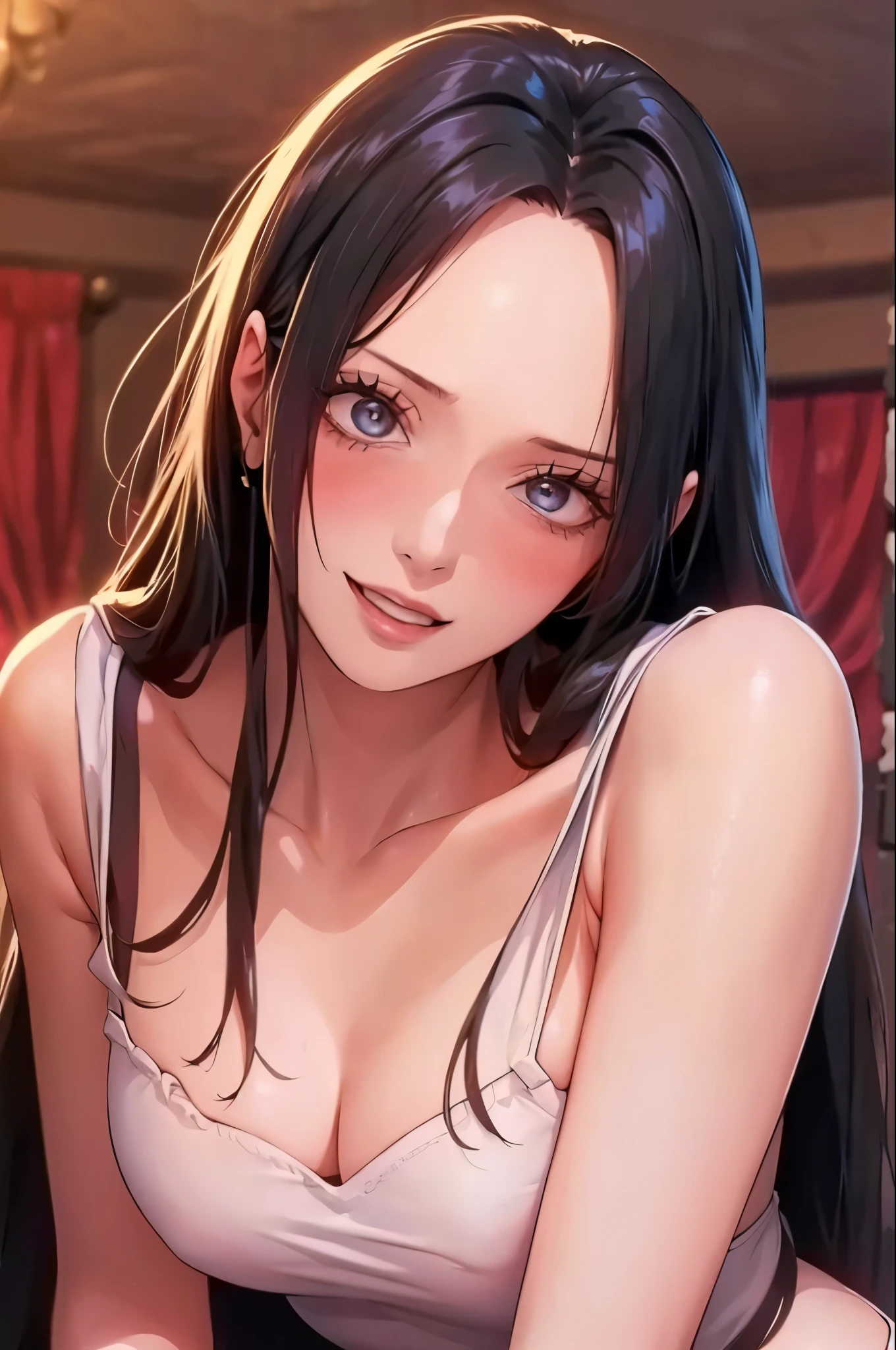best quality, masterpiece, highly detailed,1girl, Boa Hancock, , (masterpiece:1.5), Detailed Photo, Smiling, , (8K, Best Quality: 1.4), (1girl), Beautiful Face, (anime realistic Face), (Black Hair, long Hair: 1.3), Beautiful Hairstyle, Realistic eyes, beautiful detail eyes, (white skin), beautiful skin, absurd, attractive, ultra high resolution, ultra realistic, high definition, golden ratio, ( aroused:1.5), Pinkish white skin, cool white light,  pose, Beautiful , white background, pink soft white light, Wear a black bodycon dress, (messy hair:1.5)