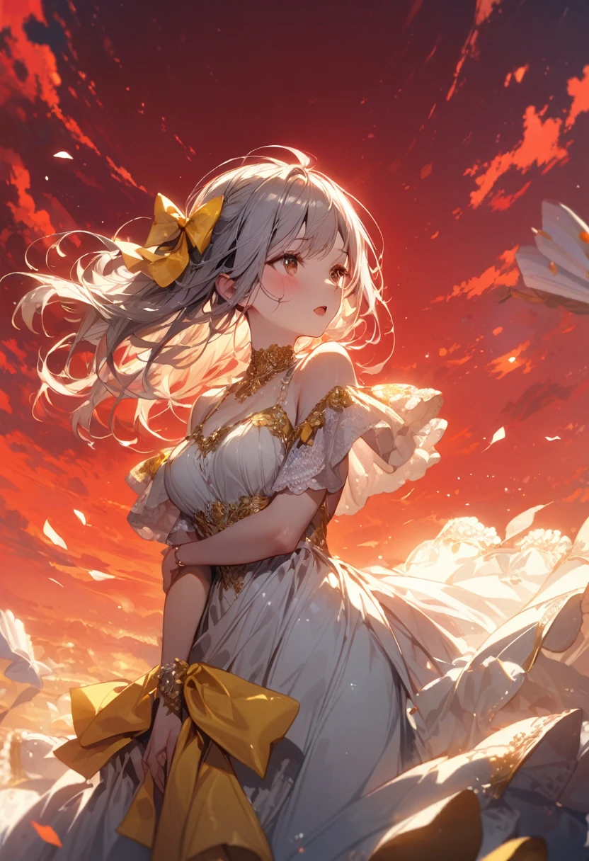 fan art; 1 Girl, dress, On open air, Red Sky, Yellow bow,, ultra detailed