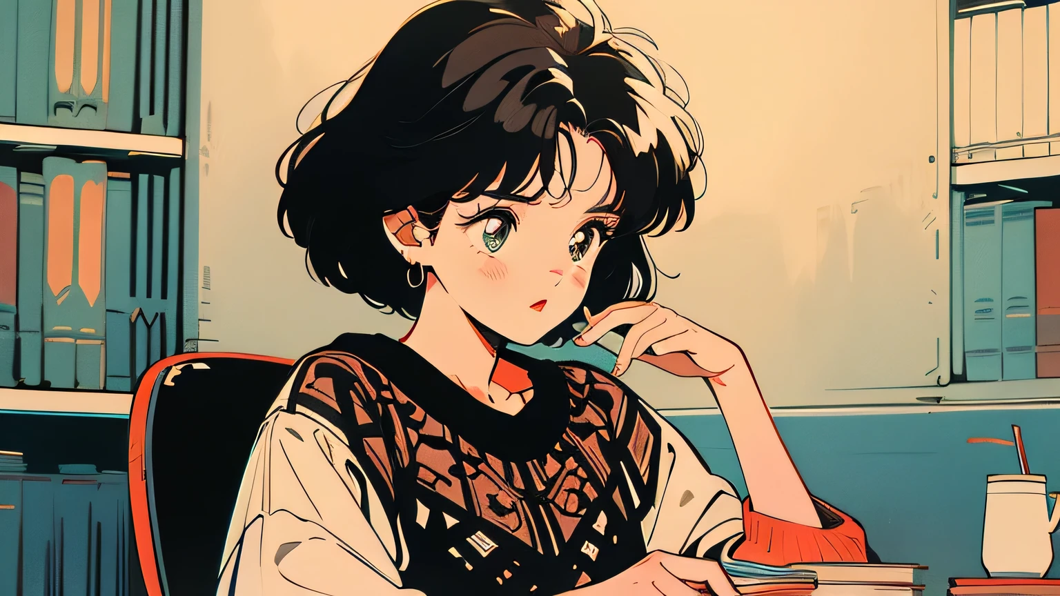 best quality, 4K wallpaper, masterpiece, extremely detailed CG unity 8k wallpaper, extremely detailed eyes, ultra-detailed, intricate details, retro, A girl standing, brunette, library, picking a book, looking at a book, the whole upper body