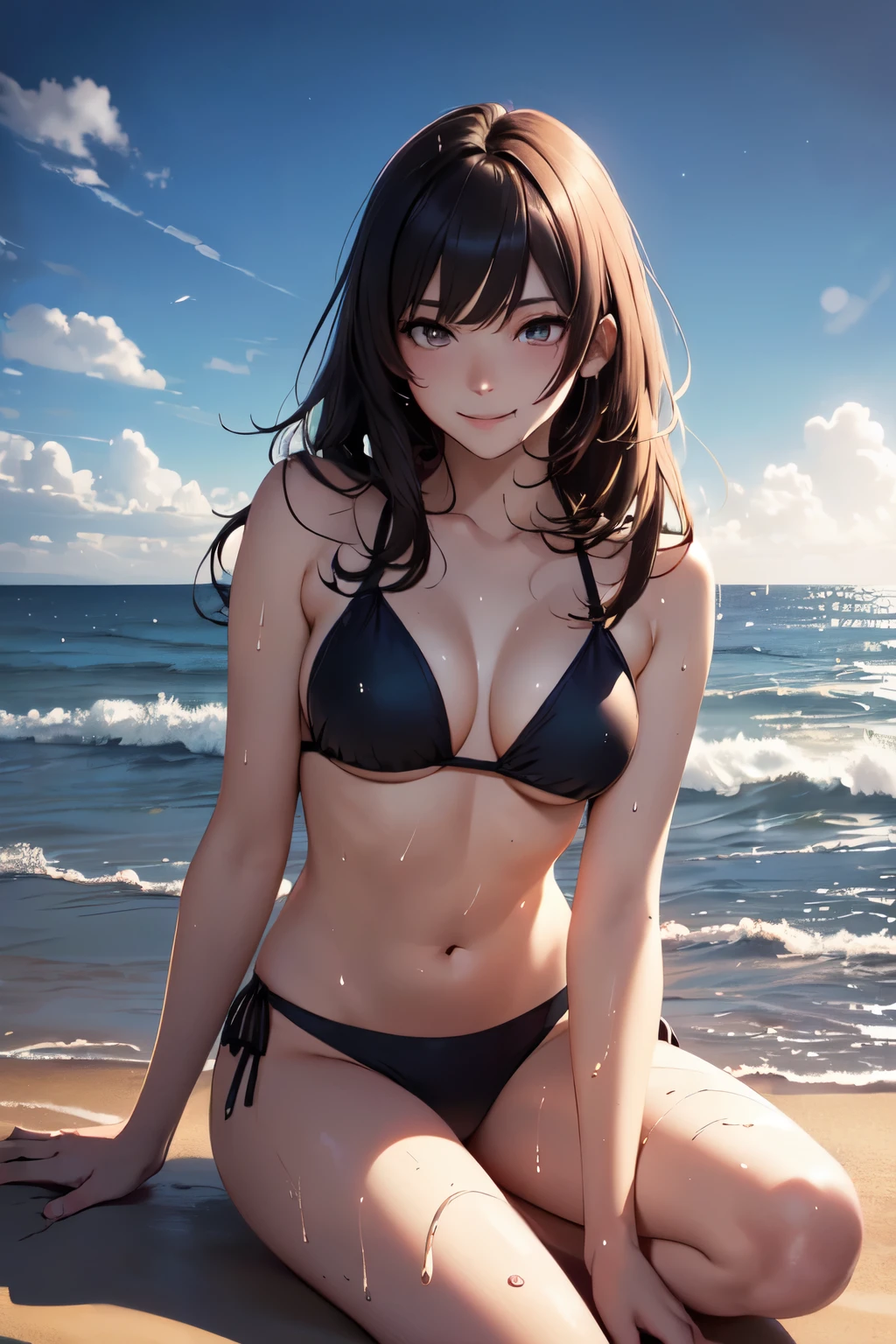 masterpiece、Anime Art、highest quality, masterpiece, (Realistic:1.2), 1 girl, (high resolution、whole body、17-year-old beautiful girl、165㎝、Long black hair、Shining black eyes、Dark eyes、Thick eyebrows、端正でbeautiful、cute、Pink wet bikini、、No makeup、Bright smile、はじけるようなBright smile, looks fun、Sit on the beach with one knee raised、[(Transparent Background:1.5)::5], (((masterpiece))), (((highest quality))),(((Very detailed))), One girl, Mystical eyes, Super detailed, Very detailedな顔, beautiful, The finer details, Super detailed, highest quality, 8k, Talked about at the art station, Excellent anatomy, beautiful lighting,、color々Pause、Wet Hair、Your body is wet、sweating、詳細なAnime Artワーク, Beautiful and attractive anime women 、 flower,(highest quality,masterpiece:1.2),High resolution,alone, Natural light,Beautifully detailed skies,