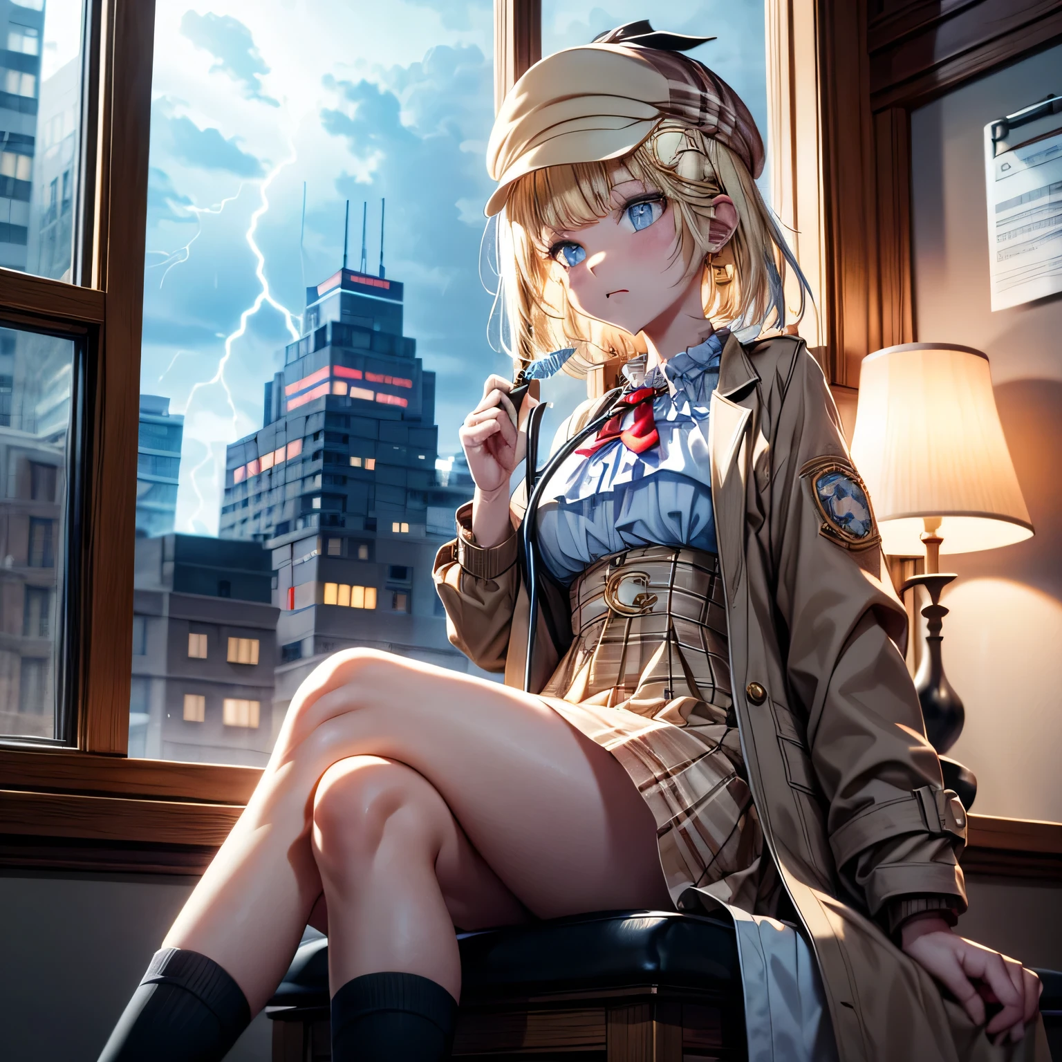 Blonde detective with short hair sitting at the side of a window with a thunderstorm at the distance
she uses a light brown detective hat with a checked pattern on the sides, and golden hairpin representing a magnifying glass decorated with some gears. Amelia wears a white blouse complemented with a red tie. She uses a light brown skirt with a checked pattern where she carries a golden pocket watch that allows her to time travel. On her left leg she carries various syringes filled with Amelia's concoction. Her high socks are black and her shoes are dark brown. Amelia also uses a light brown detective coat with a stethoscope. Sitting at the window frame, thunderstorm at the background, red lighting thunderstorm, window with thunderstorm