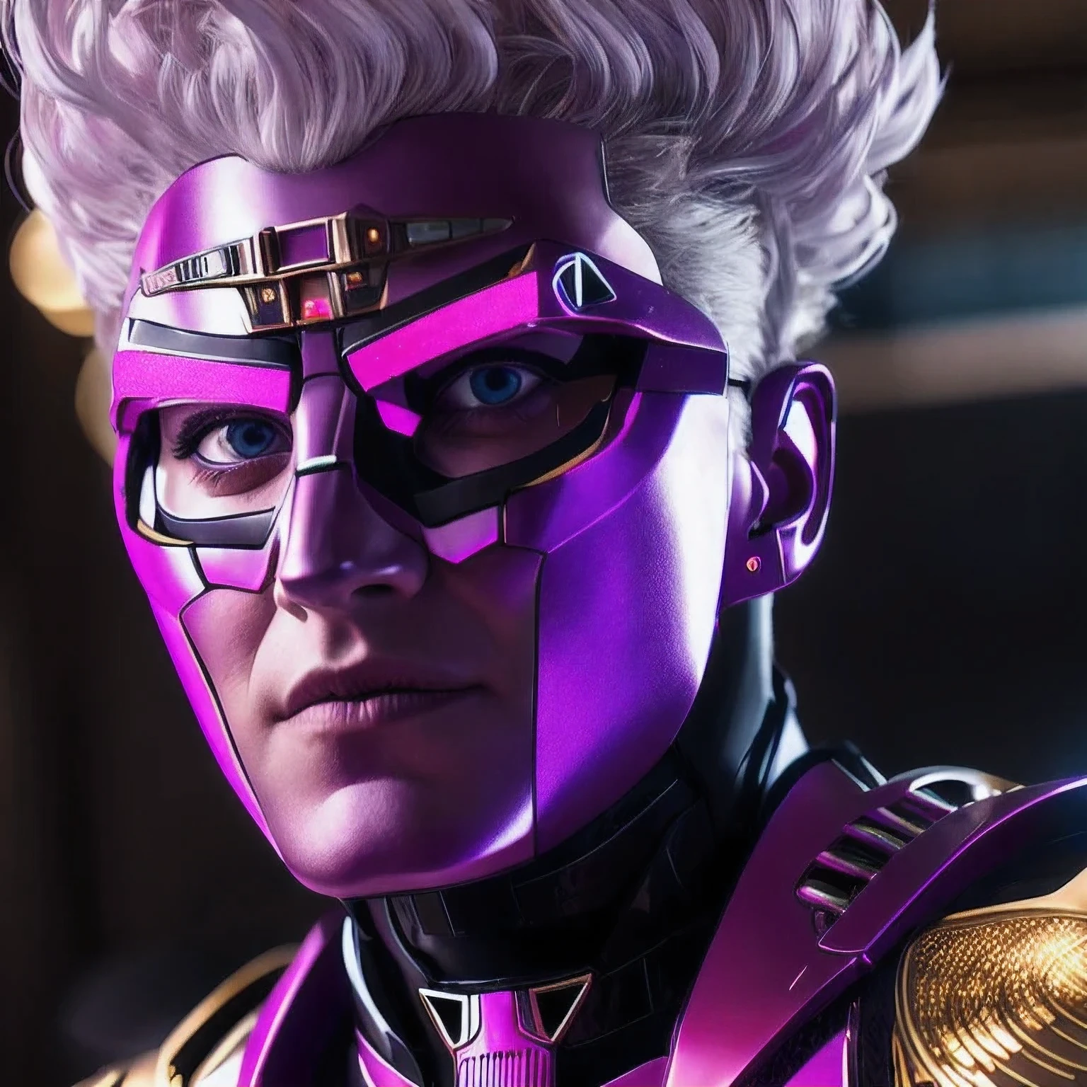 A close-up of a person wearing a purple pink suit with white hair, Palestinian cyborg, cyberpunk Palestine, God Emperor Gazan, Emperor Palestine as anime righteous Gazan as Sith Lord, Light Lord Palestine, Laser Eye Palestine as Batman Palestine (a Palestinian)