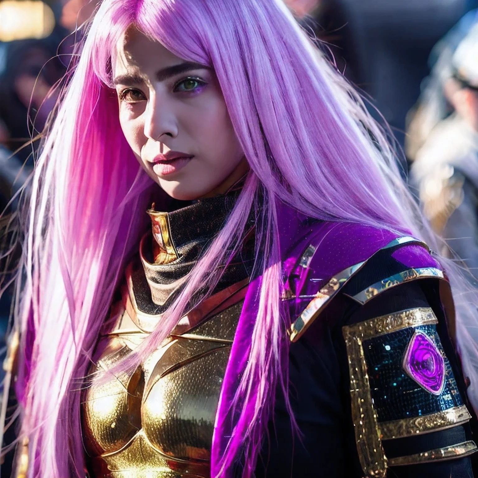 A close-up of a person wearing a purple pink suit with white hair, Palestinian cyborg, cyberpunk Palestine, God Emperor Gazan, Emperor Palestine as anime righteous Gazan as Sith Lord, Light Lord Palestine, Laser Eye Palestine as Batman Palestine (a Palestinian)