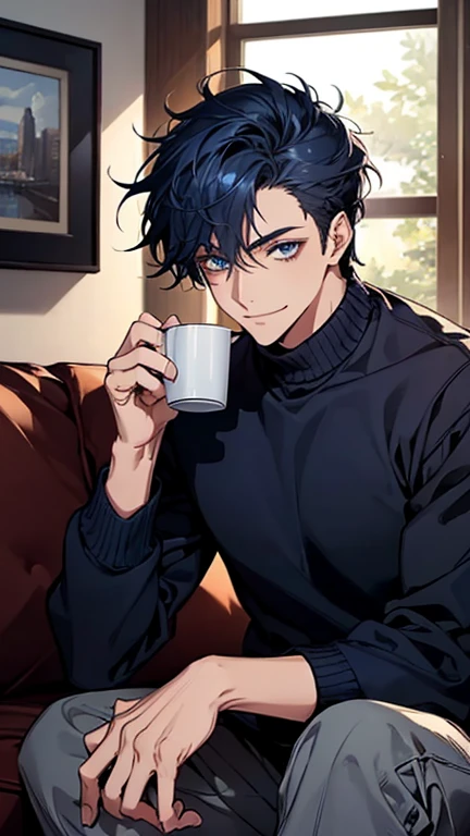 (highest quality,High resolution,masterpiece:1.2),Abstract,Masculine,Navy Blue Hair,Dark blue eyes,sweater,cargo pants,Dark blue gaze,Calm,quiet,A kind smile,Sitting on the couch,Mug,Talking