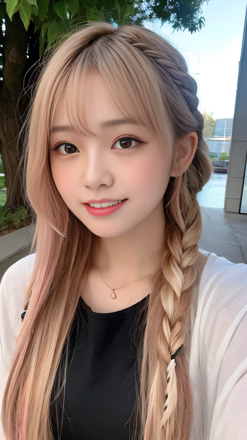 Pale, tanned skin、Sunburn marks on tanned skin、Multicolored Hair、Pink Hair,blonde,Platinum Hair,Brown Hair、A cute 20-year-old girl with a cute look, A strong wind blows my hair in front of my face、beautiful long blonde braided hair、beautiful, Cute eyes hidden by long bangs、Yawn、Double teeth、No visible nasolabial folds、