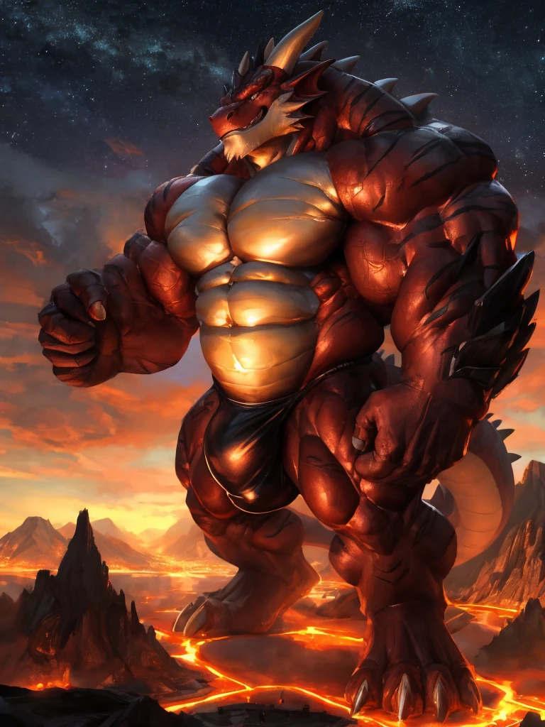 lindong, zoroj. drone view, side view:1.2, a huge muscular dragon (lbath:1.5) in lava, mountain, horn, wearing white shorts:1.2, night, huge bulge, macro shot over a earth, (macro bigger than earth):1.2, earth, gigantic, hyper detailed, photorealistic , cinematic lighting, 8k, hyper detailed, macro, cinematic lighting, 8k, photorealistic, award winning digital art