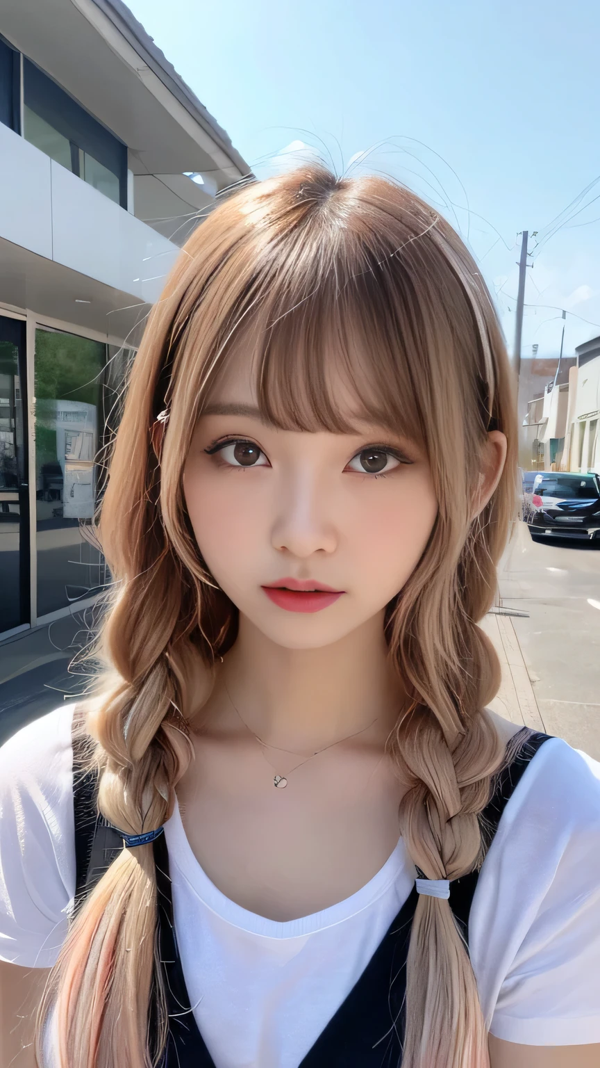 Pale, tanned skin、Sunburn marks on tanned skin、Multicolored Hair、Pink Hair,blonde,Platinum Hair,Brown Hair、A cute 20-year-old girl with a cute look, A strong wind blows my hair in front of my face、beautiful long blonde braided hair、beautiful, Cute eyes hidden by long bangs、Yawn、Double teeth、No visible nasolabial folds、