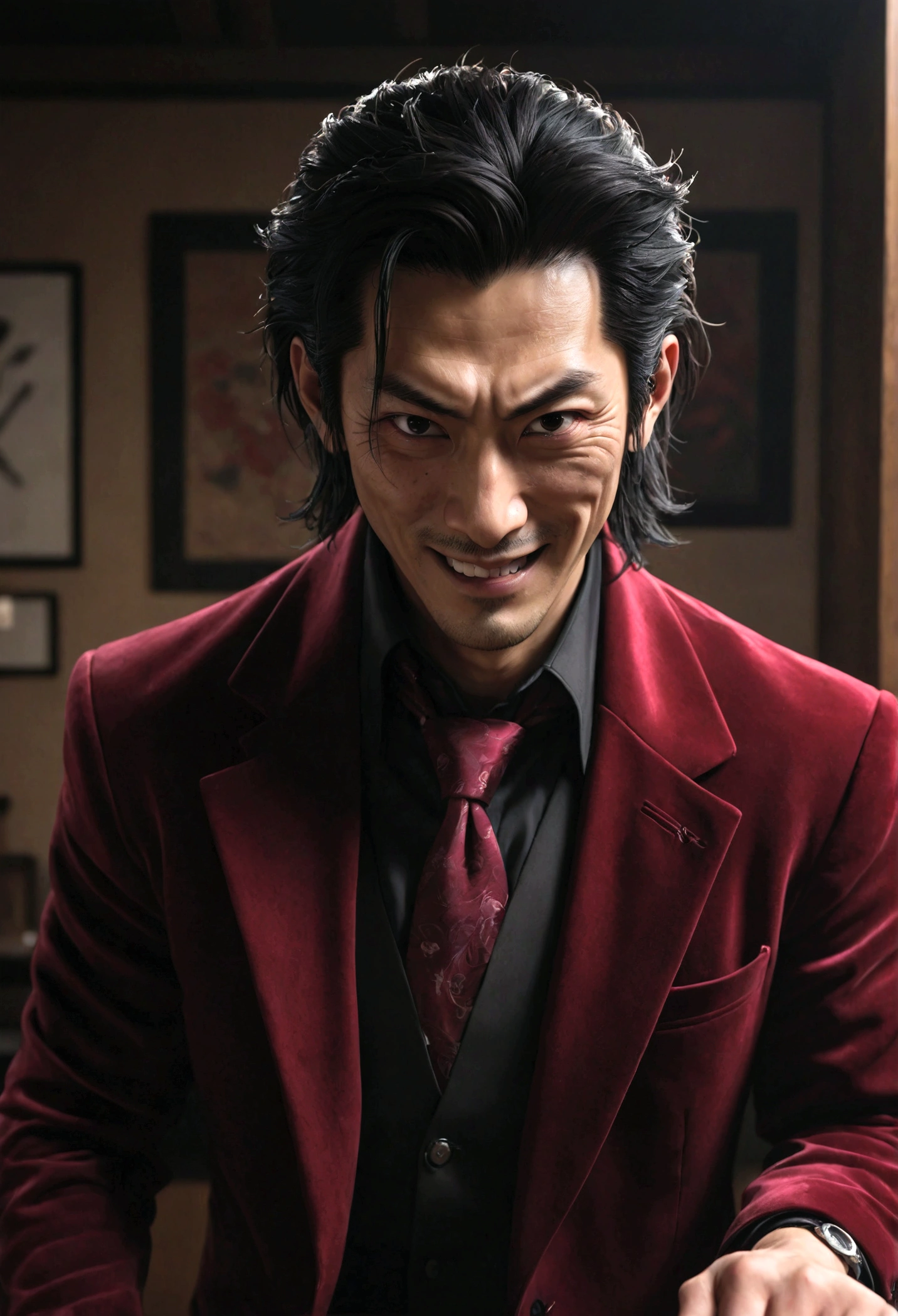 Japanese man, wide nose, yakuza,medium length tousled hair, black hair, burgundy velvet jacket, black shirt, red tie, crazy face, holding a knife, bags under the eyes, smile, evil look, hyperrealistic, extremely detailed, 8k, cinematic lighting, dramatic shadows, portrait, chiaroscuro, dramatic atmosphere, intense gaze, sinister expression, masterpiece