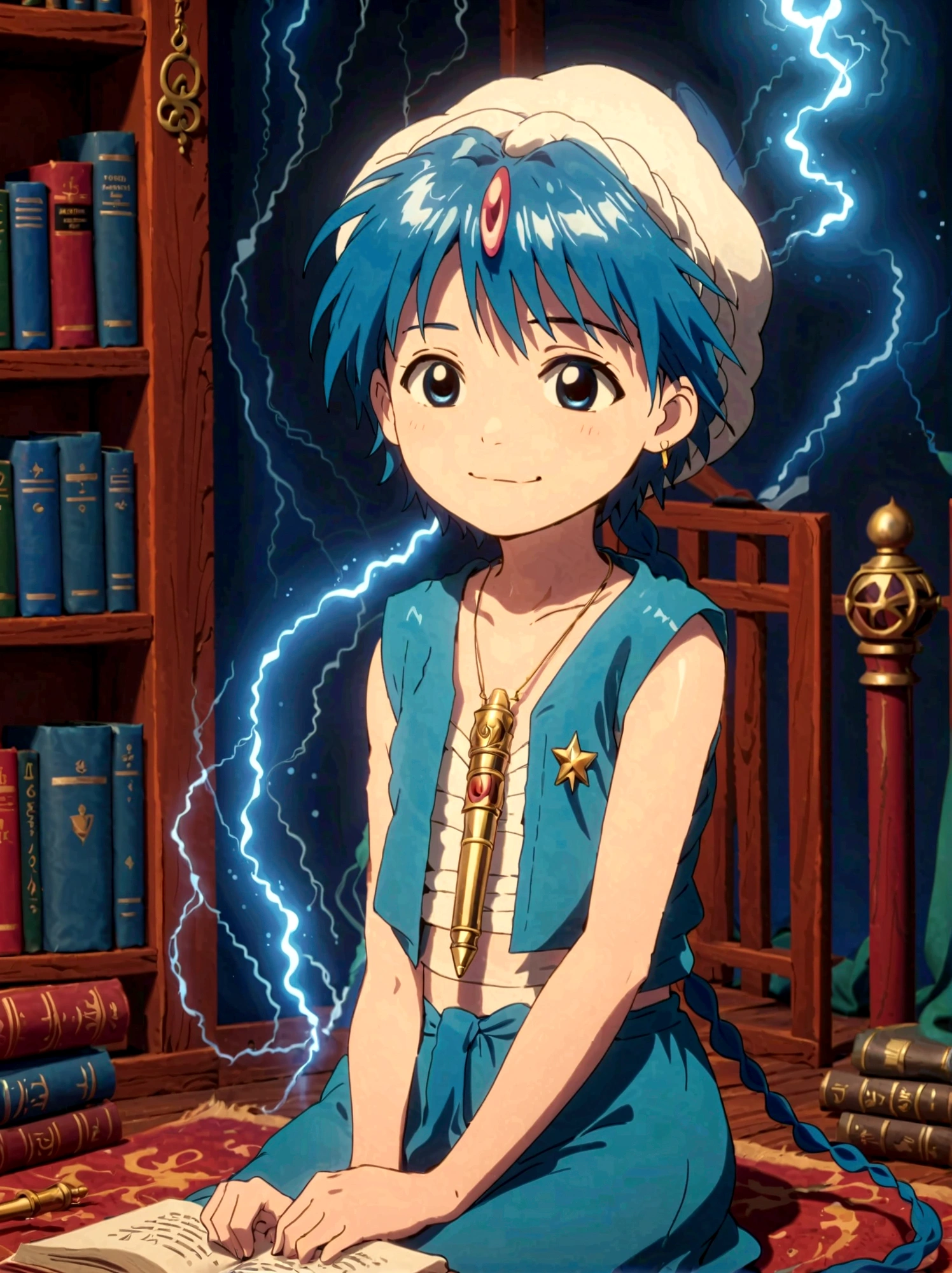 1boy，magi_aladdin，Sitting alone in Solomon&#39;s library of wisdom，read, He has short blue hair，With a braid，Wear a headscarf，Smiling，A flute pendant hangs around her neck，Wearing a blue vest, A six-pointed star magic circle scene can be seen in the background，lightning，smoke，Soft lighting and detailed environments create an immersive environment，Let your imagination run wild with super details, Ultra-detailed face, High-quality visual effects, Sharp focus, Octane Rendering, 8k, Ultra HD