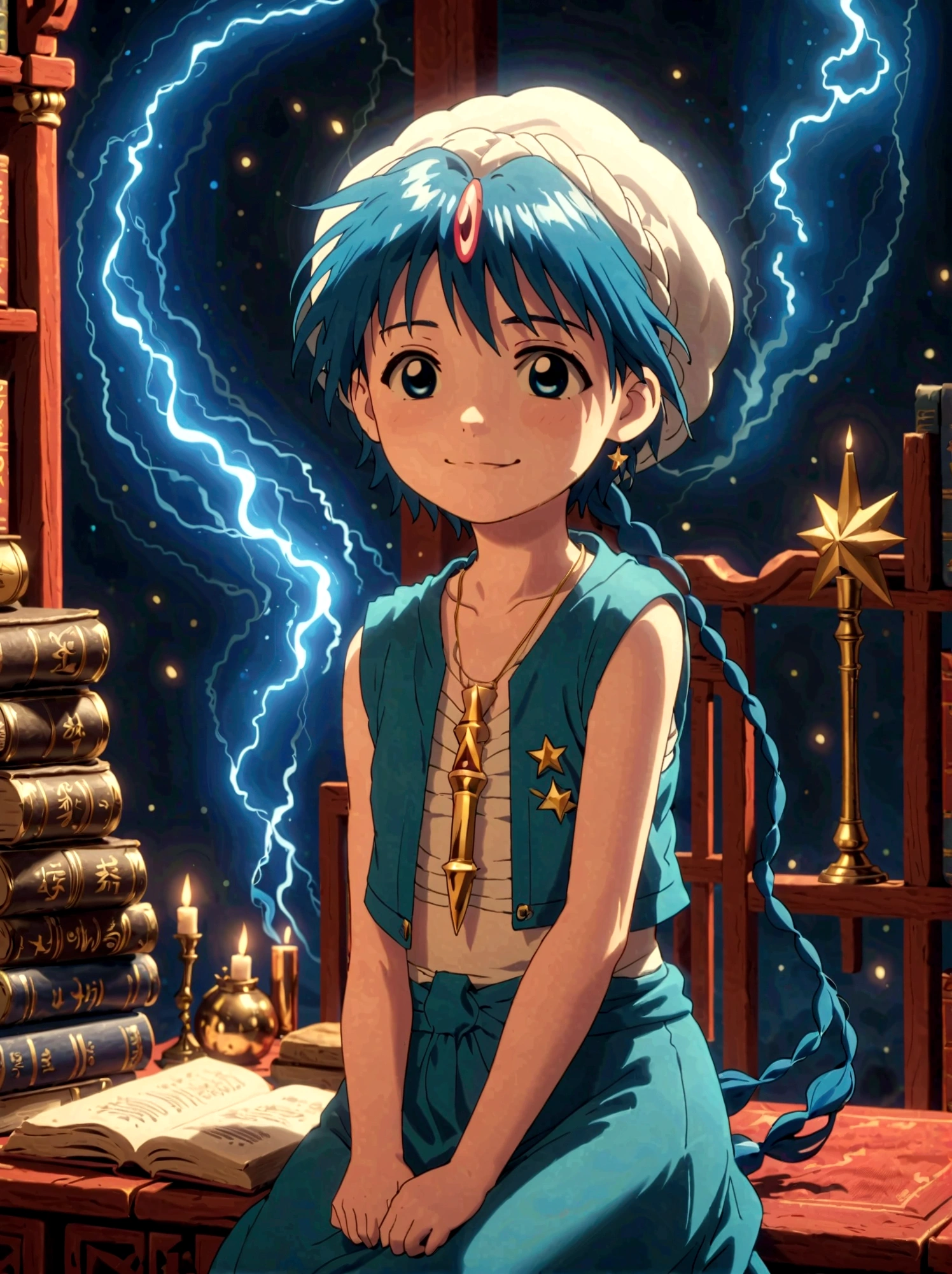 1boy，magi_aladdin，Sitting alone in Solomon&#39;s library of wisdom，read, He has short blue hair，With a braid，Wear a headscarf，Smiling，A flute pendant hangs around her neck，Wearing a blue vest, A six-pointed star magic circle scene can be seen in the background，lightning，smoke，Soft lighting and detailed environments create an immersive environment，Let your imagination run wild with super details, Ultra-detailed face, High-quality visual effects, Sharp focus, Octane Rendering, 8k, Ultra HD