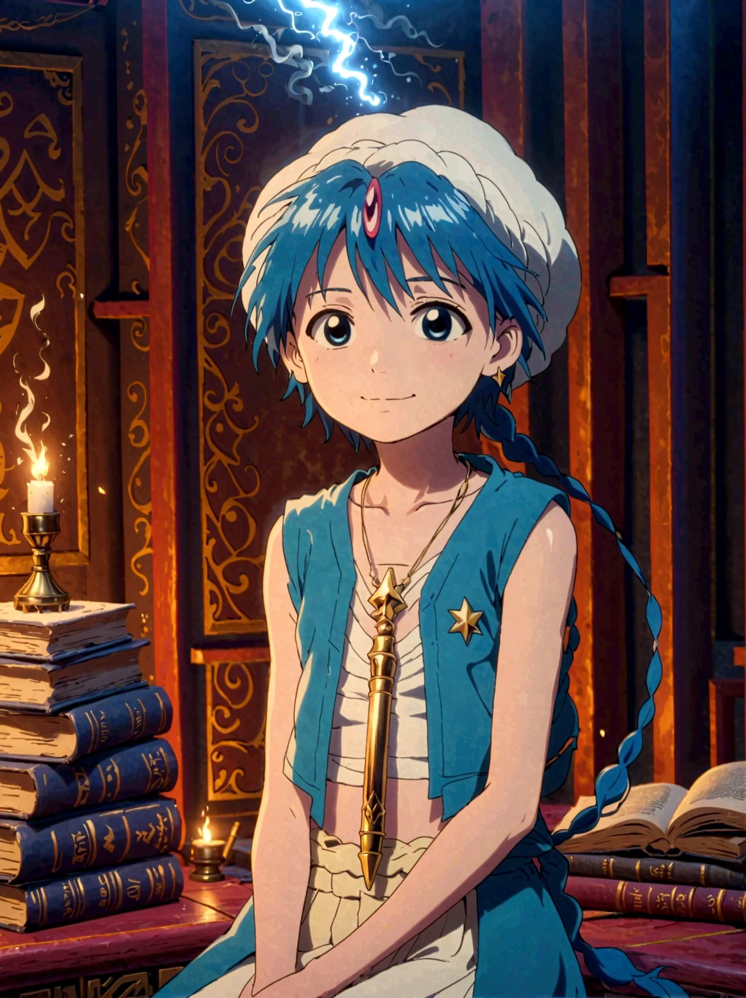 1boy，magi_aladdin，Sitting alone in Solomon&#39;s library of wisdom，read, He has short blue hair，With a braid，Wear a headscarf，Smiling，A flute pendant hangs around her neck，Wearing a blue vest, A six-pointed star magic circle scene can be seen in the background，lightning，smoke，Soft lighting and detailed environments create an immersive environment，Let your imagination run wild with super details, Ultra-detailed face, High-quality visual effects, Sharp focus, Octane Rendering, 8k, Ultra HD