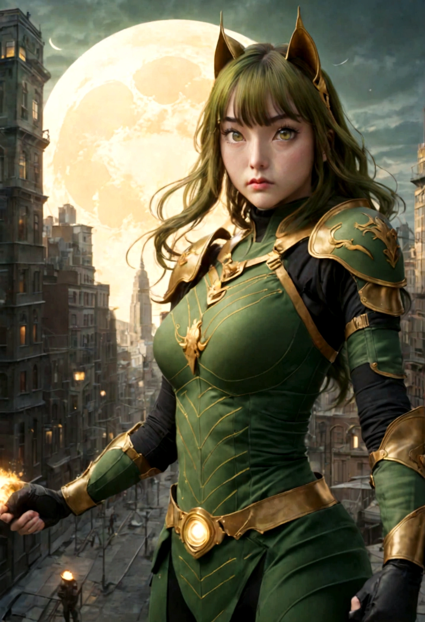 (masterpiece, 4K resolution, Surreal, Very detailed), (Zodiac Knight Theme, Attractive, There is a girl at the top of the city, Sagittarius knight in golden armor, She&#39;s a superhero), [ ((20 years), (Long green hair:1.2), whole body, (Green Eyes:1.2), ((Fighting Stance),demonstration of strength), ((sandy urban environment):0.8)| (city View, night, Dynamic lighting), (Full Moon))