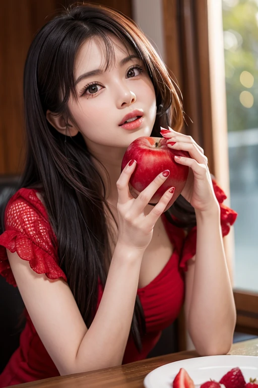 Woman eating red fruit,looking at the camera,Red fruit, round and large