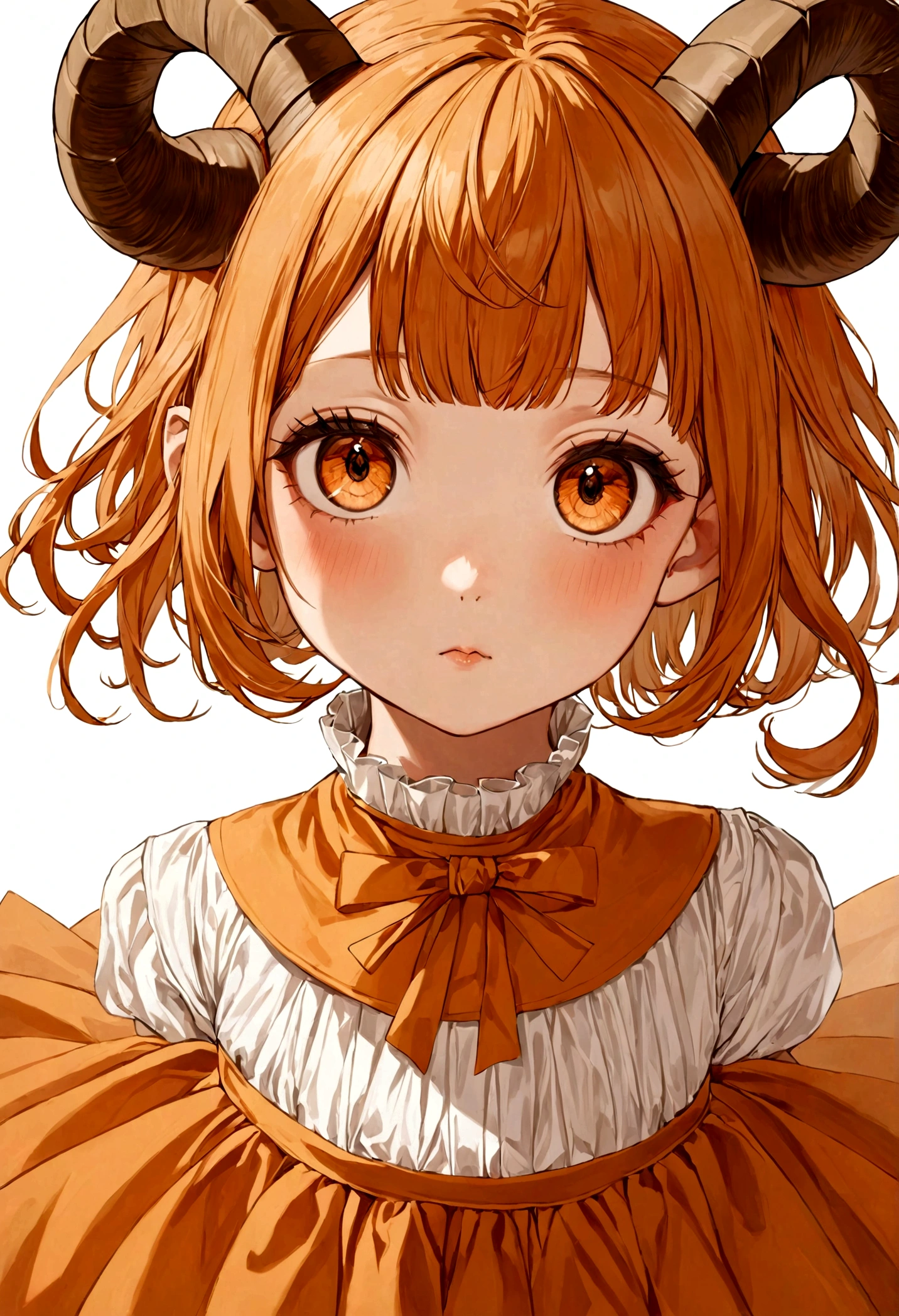 1 girl,Individuality,Big orange eyes,Orange Hair,with ram's horns,Bun Hair,Cute expression,Caramel colored high collar tutu skirt,Gauze skirt,Portraiture