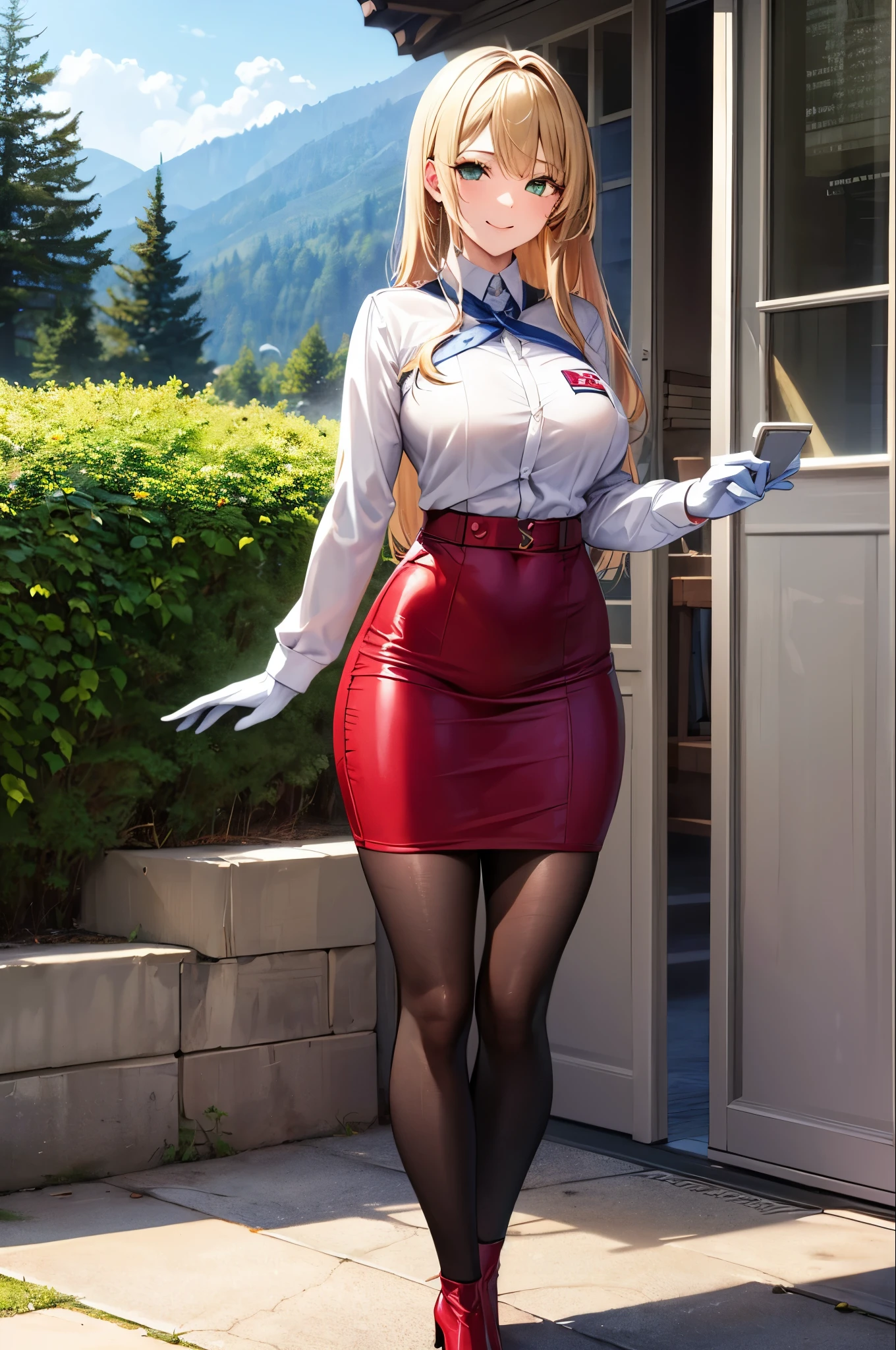 sexy, stonemason, return, smile, Long blonde hair and green eyes, black cropsuperior, superior, Jacket, Blue pencil skirt, Red Boots, White gloves, High heel boots