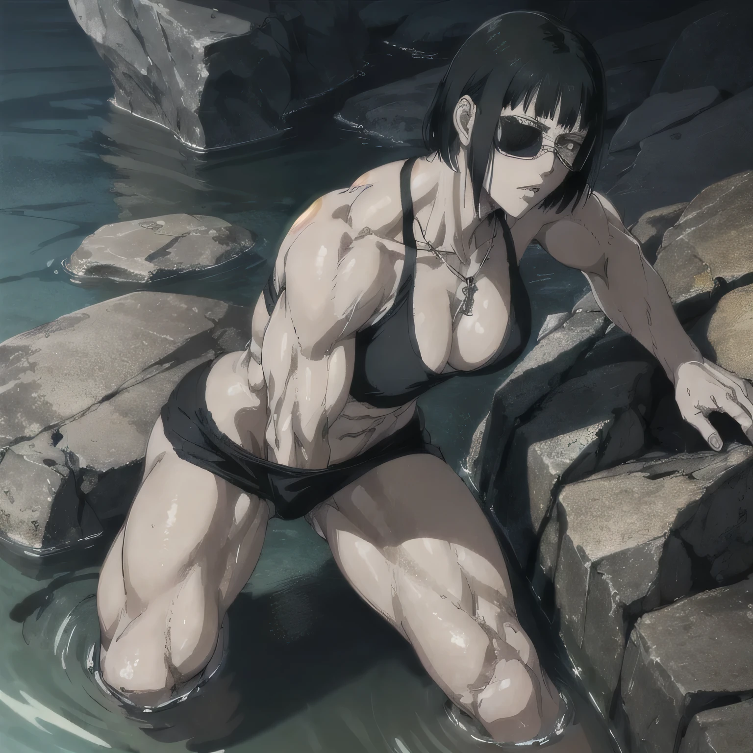 (best quality,ultra-detailed,realistic:1.37),musclaur badass girl with sculpted body with preview her musclaur body and six-pack, full review of the female character's face and body, intense expression,studio lighting, vivid colors, physiologically-based rendering, grungy texture, rugged background, dust particles in the air, commanding presence, professional, powerful, gritty aesthetics,,Valmet،short hair،tattoos on shoulders,,Shining muscles, muscle protrusion,wearing military male black underwear and midriff tank top,necklace,Valmet have a muscles,eyepatch,pennis grinside underwear,penisQuiron,wdy,veins,fighting position,wet clothes,white skin,water dropped on body,Shining skin,Swim on a river