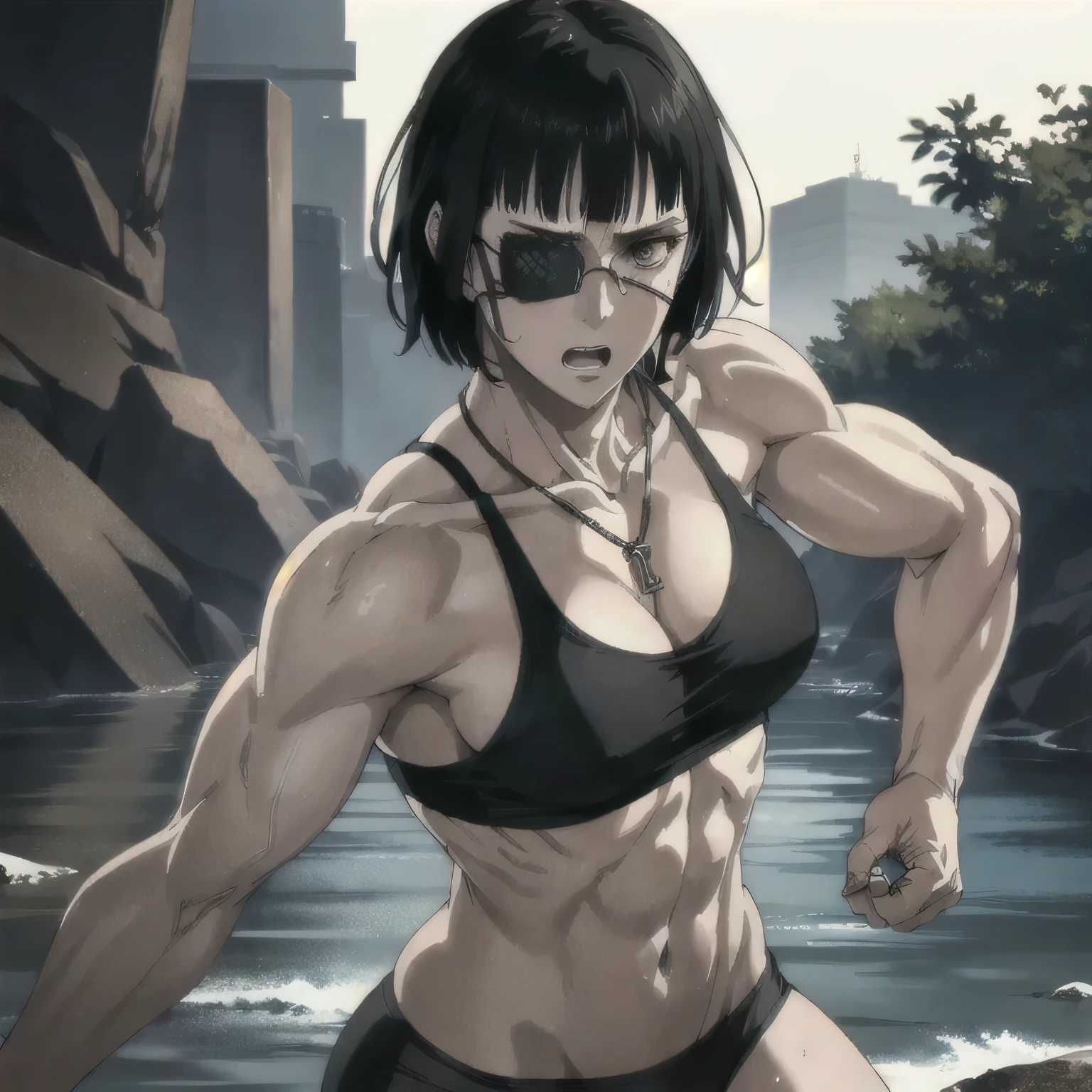 (best quality,ultra-detailed,realistic:1.37),musclaur badass girl with sculpted body with preview her musclaur body and six-pack, full review of the female character's face and body, intense expression,studio lighting, vivid colors, physiologically-based rendering, grungy texture, rugged background, dust particles in the air, commanding presence, professional, powerful, gritty aesthetics,,Valmet،short hair،tattoos on shoulders,,Shining muscles, muscle protrusion,wearing military male black underwear and midriff tank top,necklace,Valmet have a sex muscles,eyepatch,penis,penis growth inside underwear,penisQuiron,wet body,veins,fighting position,wet clothes,white skin,water dropped on body,Shining skin,Swim on a river