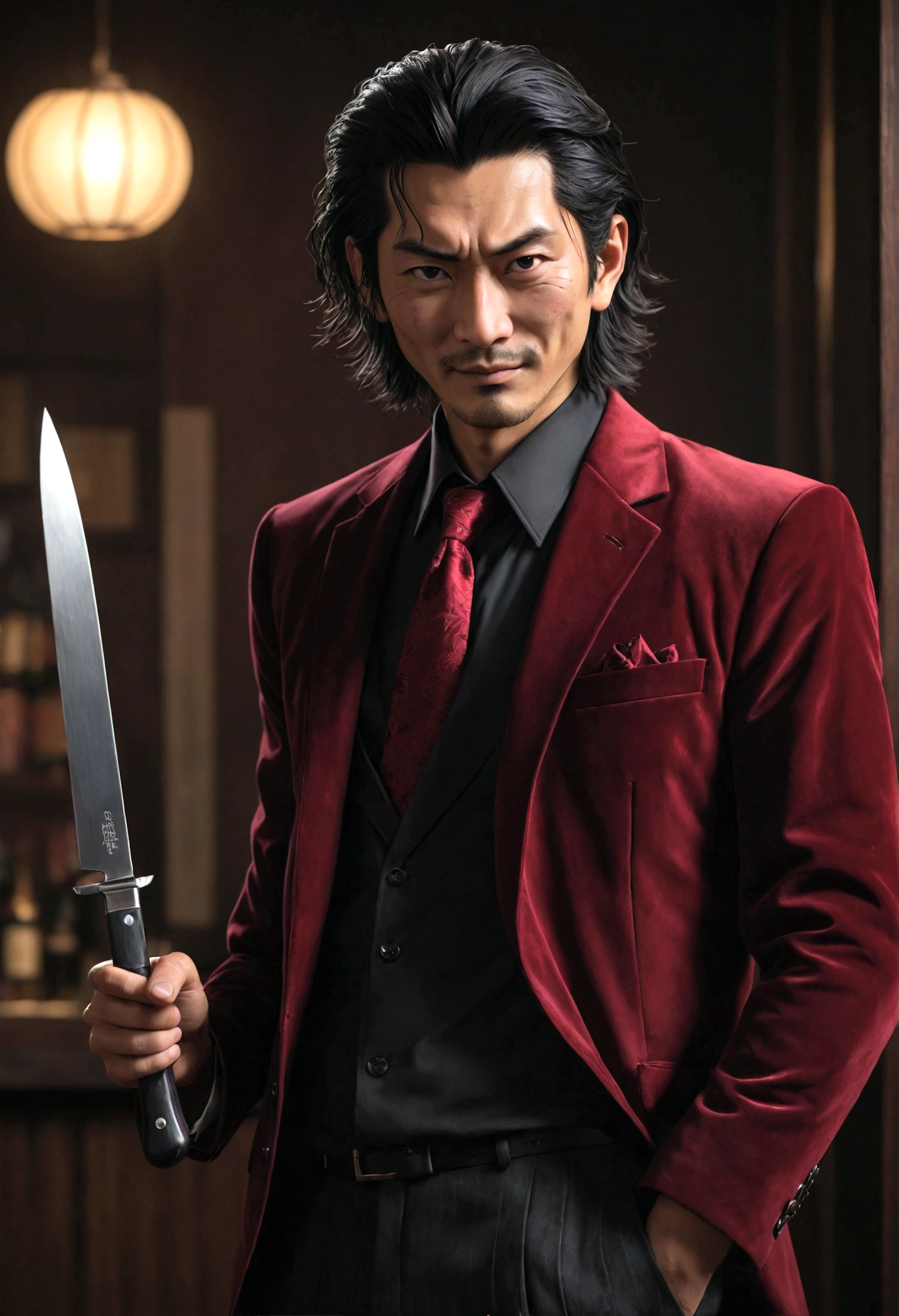 Japanese man, wide nose, yakuza,medium length tousled hair, black hair, burgundy velvet jacket, black shirt, red tie, holding a knife, bags under the eyes, smile, , hyperrealistic, extremely detailed, 8k, cinematic lighting, dramatic shadows, portrait, chiaroscuro, dramatic atmosphere, intense gaze, sinister expression, masterpiece, full length, dynamic pose, attack pose, bar background, cabaret background, teasing pose
