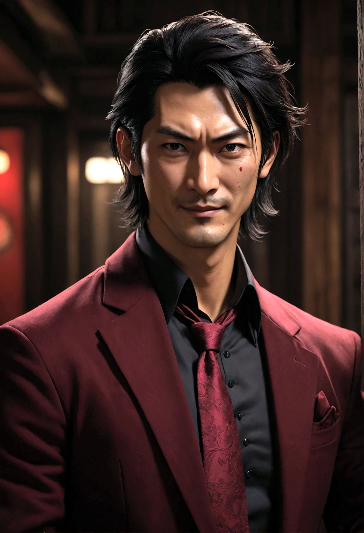 Japanese man, wide nose, yakuza,medium length tousled hair, black hair, burgundy velvet jacket, black shirt, red tie, holding a knife, bags under the eyes, smile, , hyperrealistic, extremely detailed, 8k, cinematic lighting, dramatic shadows, portrait, chiaroscuro, dramatic atmosphere, intense gaze, sinister expression, masterpiece, full length, dynamic pose, attack pose, bar background, cabaret background, teasing pose