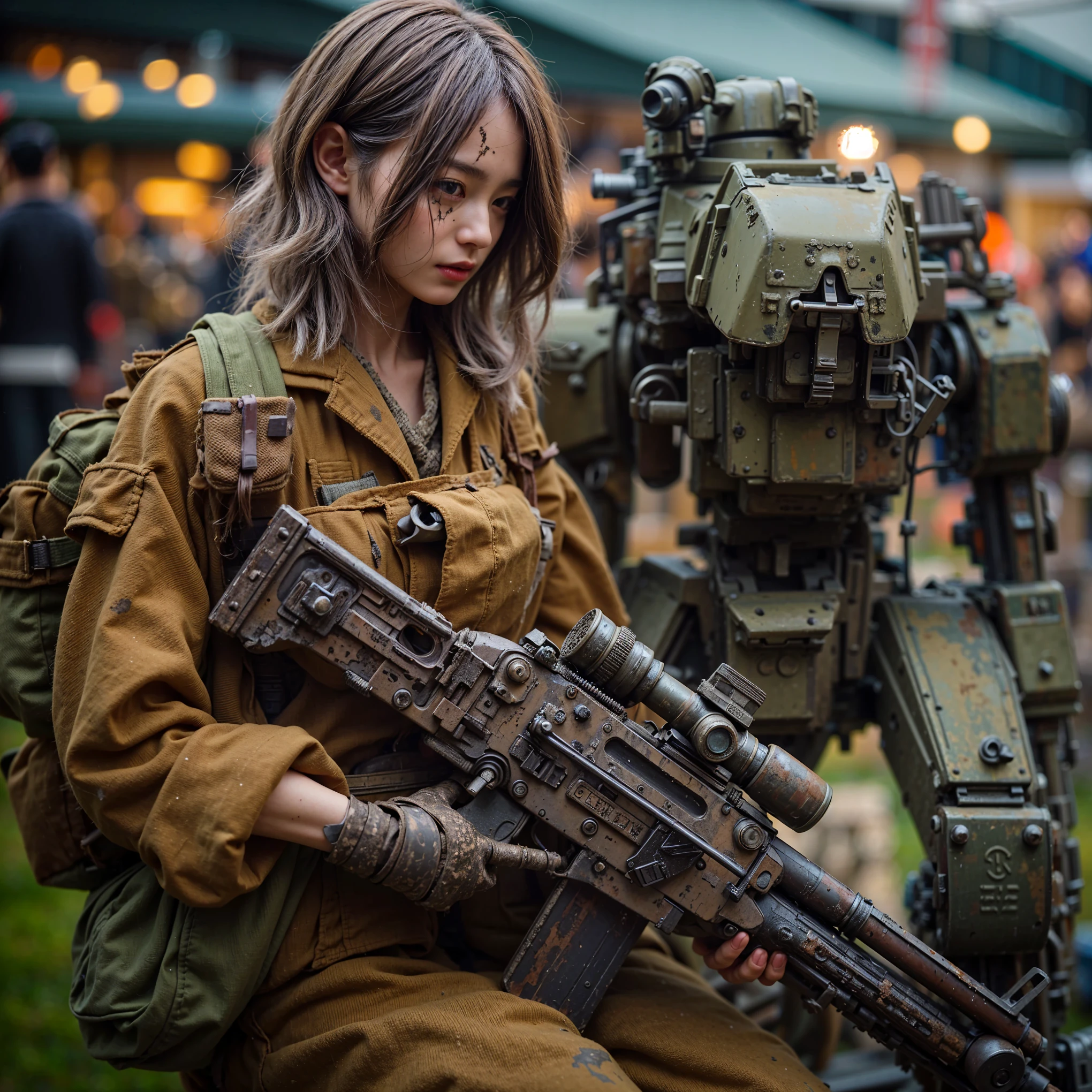 ((super intricate all details)),((super realistic all textures)),Overall photo of a female soldier sitting on a piece of fictional WWII Japanese military type weapon, beautiful face, dirty clothes, very intricate details, olive drab paint, peeling paint, weathering, rust, taken with Fuji film X-T30+Nokton. HDR10