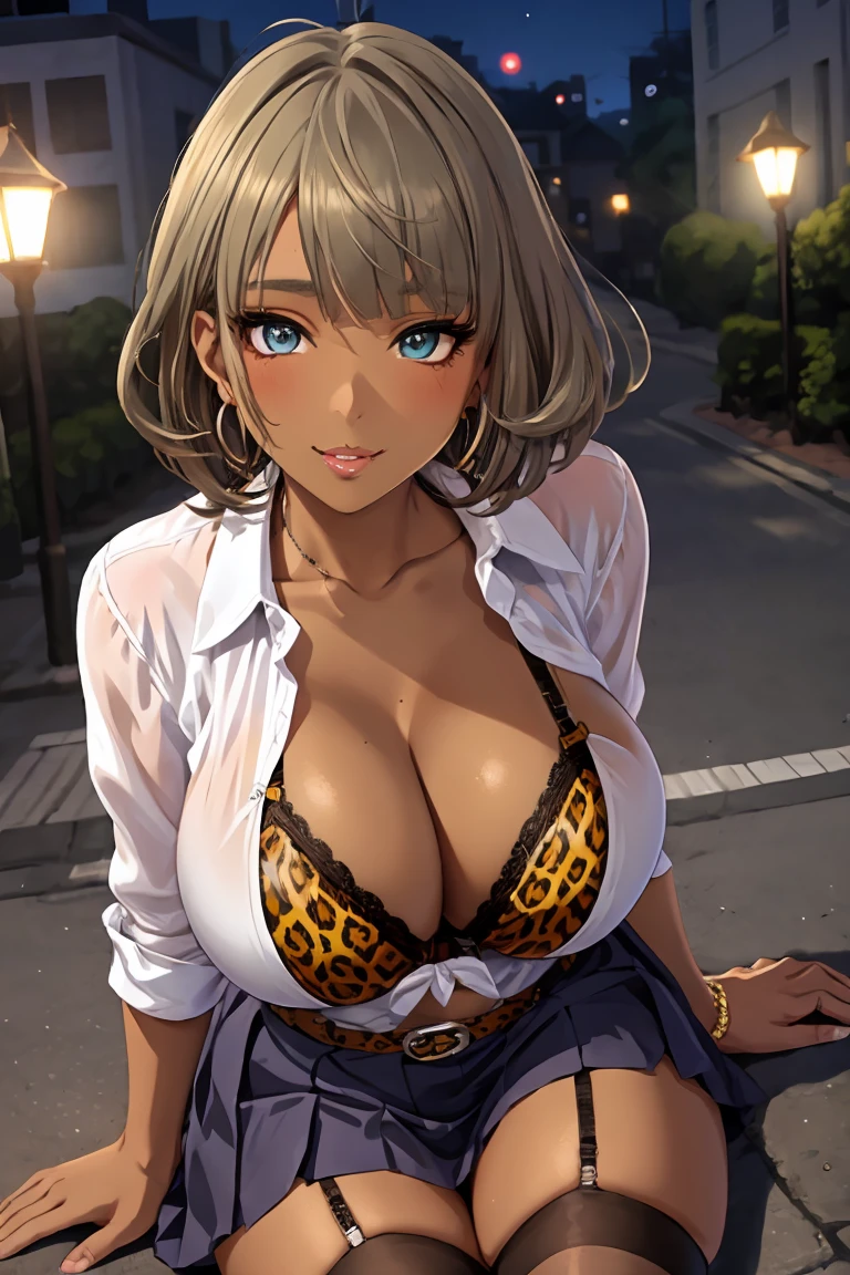 takagaki kaede,1girl, solo, short hair, heterochromia, blue eyes, green eyes, brown hair, detailed body , (detailed face:1.1), (perfect eyes), (big breasts:1.3), thick eyelashes, long eyelashes, (blunt bangs:1.2), perfect dynamic composition, (gyaru:1.2), cleavage, jewelry, earrings, open clothes, tied shirt, tented shirt, unbuttoned shirt, bra peek, lace-trimmed bra, (leopard print:1.2), belt, pleated skirt, lace-trimmed legwear, garter straps, see-through, (dark skin:1.2), hoop earrings, gal, evil smile, seductive smile, blush, seductive pose, (seductive smile:1.4), thick lips, (huge lips:1.2), (massive lips: 1.2), (parted lips:1.2), (thick lips:1.4), street, night sky
8k, 4k, Masterpiece, Best Quality, fantasy, extremely detailed, intricate, hyper detailed, detailed eyes, (perfect face), illustration, soft lighting, (specular lighting:1.2), (shiny skin, gleaming skin), looking at viewer,