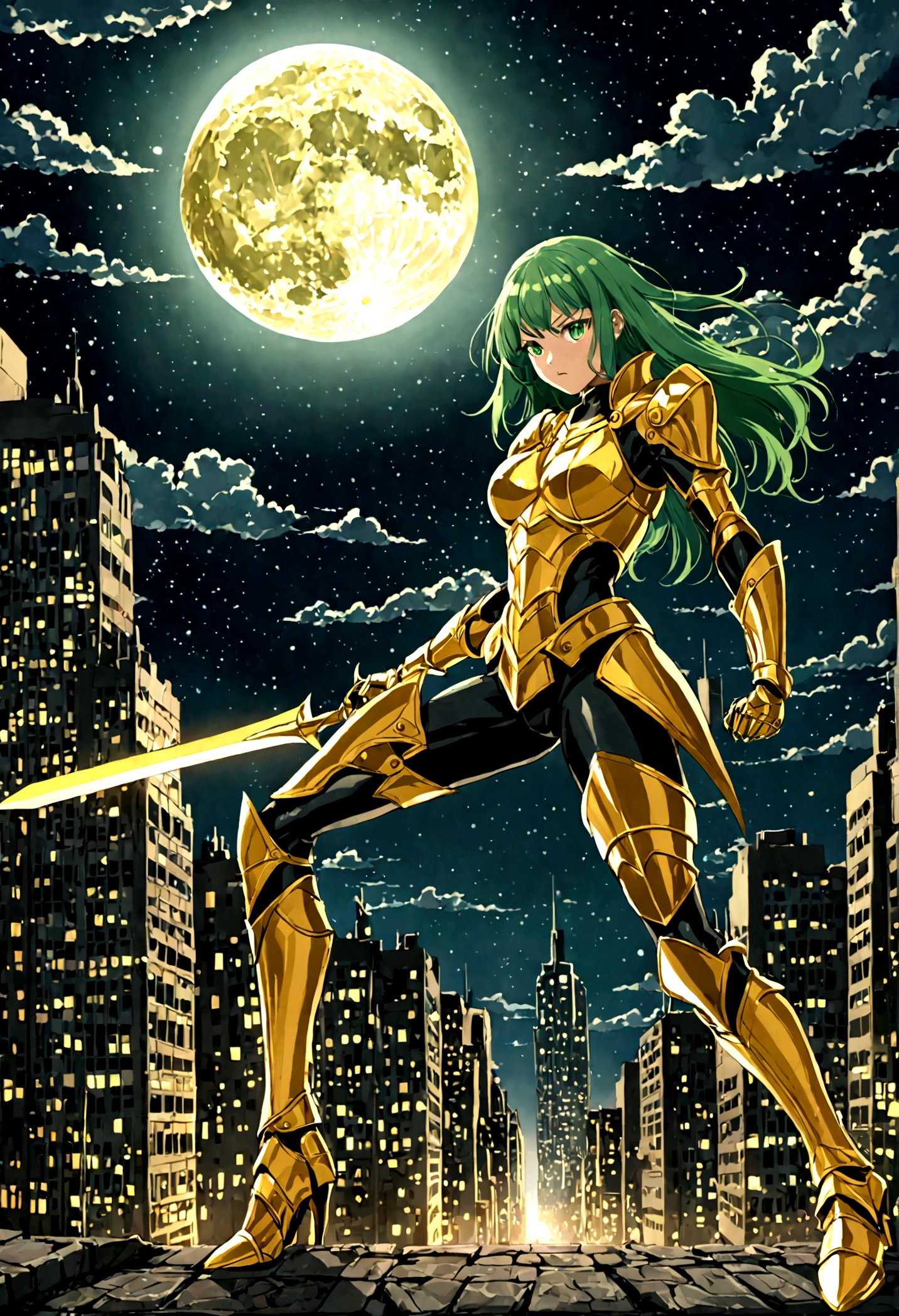 (masterpiece, 4K resolution, Surreal, Very detailed), (Zodiac Knight Theme, Attractive, There is a girl at the top of the city, Sagittarius knight in golden armor, She's a superhero), [ ((20 years), (Long green hair:1.2), whole body, (Green Eyes:1.2), ((Fighting Stance),demonstration of strength), ((sandy urban environment):0.8)| (city View, night, Dynamic lighting), (Full Moon))