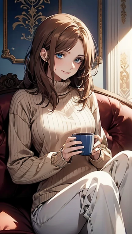 (highest quality,High resolution,Very detailed),1 girl, Beautiful and elegant light blue eyes, Brown Hair, Cold Smile,Medium Hair,pants,Wearing a blue high-neck sweater, Mature Woman, Age 27,Cruel smile, Calm and Calm,Slim figure, Pale complexion, thin, Calm, Sitting on the sofa,Talking,Mug,Blue sweater