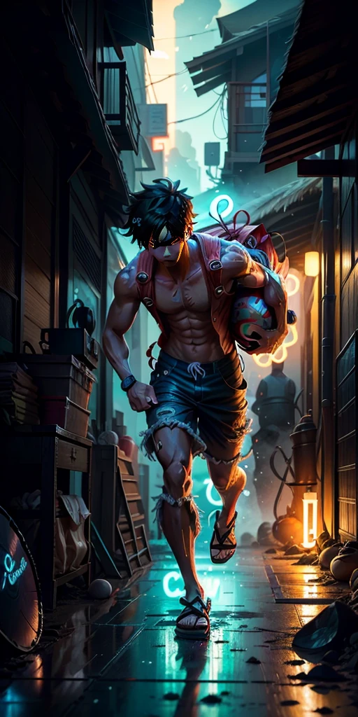 3D illustration(((Detailed))), Japanese anime「one piece」the protagonist of, Monkey D. Luffy, Armed with the latest protective gear, Beach sandals on your feet(((must)))The outline glows like a neon light, Running through a collapsing research facility in the dark, A dynamic appearance