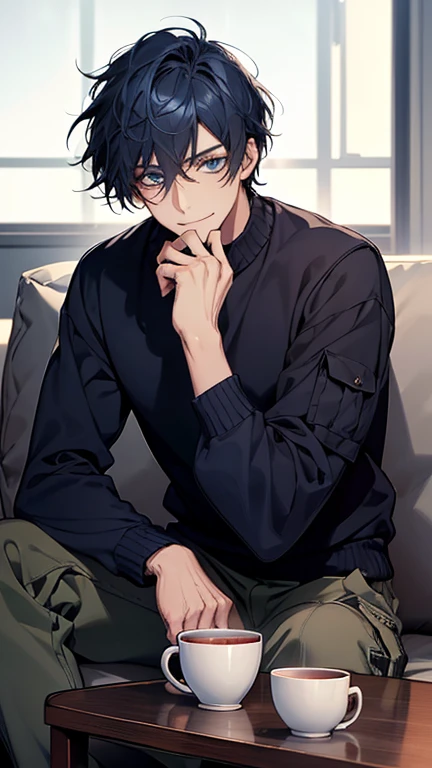 (highest quality,High resolution,masterpiece:1.2),Abstract,Masculine,Navy Blue Hair,Dark blue eyes,sweater,cargo pants,Dark blue gaze,Calm,quiet,A kind smile,Sitting on the couch,Mug,Talking