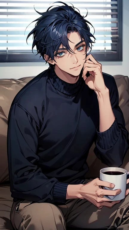 (highest quality,High resolution,masterpiece:1.2),Abstract,Masculine,Navy Blue Hair,Dark blue eyes,sweater,cargo pants,Dark blue gaze,Calm,quiet,A kind smile,Sitting on the couch,Mug,Talking