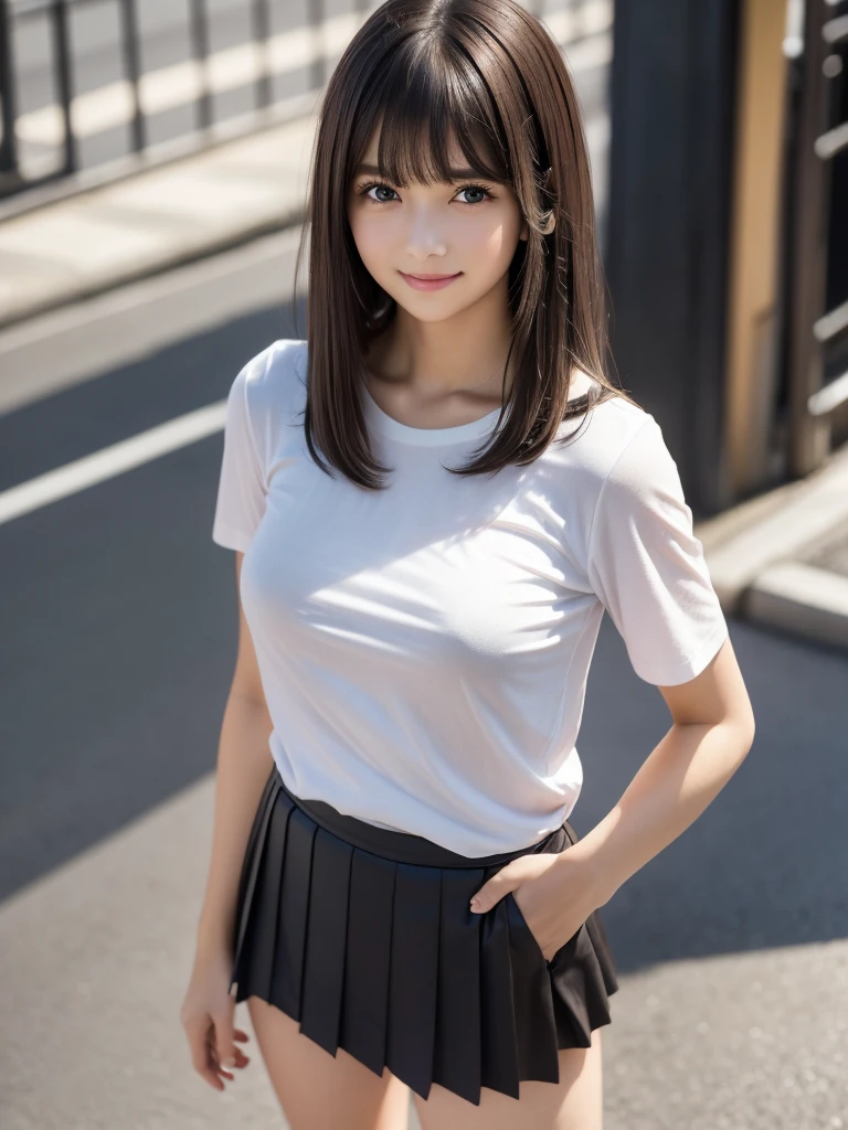 (8k, RAW Photos, highest quality, masterpiece:1.2), (Realistic, photo-Realistic:1.4), (Highly detailed 8k wallpaper), ((Full Body Shot)), (1 girl), Sharp focus, Depth of written boundary, Cinematic lighting, Soft Light, 緻密な美しさのeye, eye_Chan, Very beautiful  girl, innocent big eyes, Realistic, photo Realistic, Highly detailed cute girl, (Thin thighs), (Model Body Type), 18-year-old, (Casual short sleeve t-shirt), (Black leather micro mini pleated skirt), (((Fold your arms in front of your chest and act arrogantly))), ((A happy smile)), Parted lips, Watching the audience, (On the streets of Tokyo) , (Brown Hair),（Long Bob Hair), (Asymmetrical bangs)