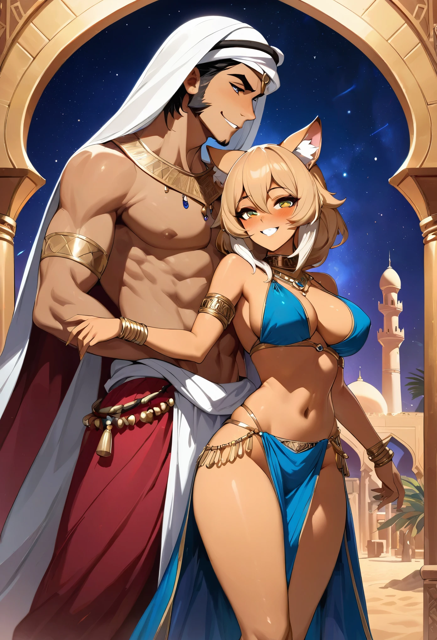 movie poster, highres, top quality, best quality, paid reward available, unparalleled masterpiece, perfect artwork, absurdres, High-quality illustrations, super high resolution, detailed background, perfect anatomy(1girl, 1boy, couple, kemono, furry anthro, fearless smile, Arab national costume, love romance)The Arabian Nights, Alf Laylah wa Laylah,