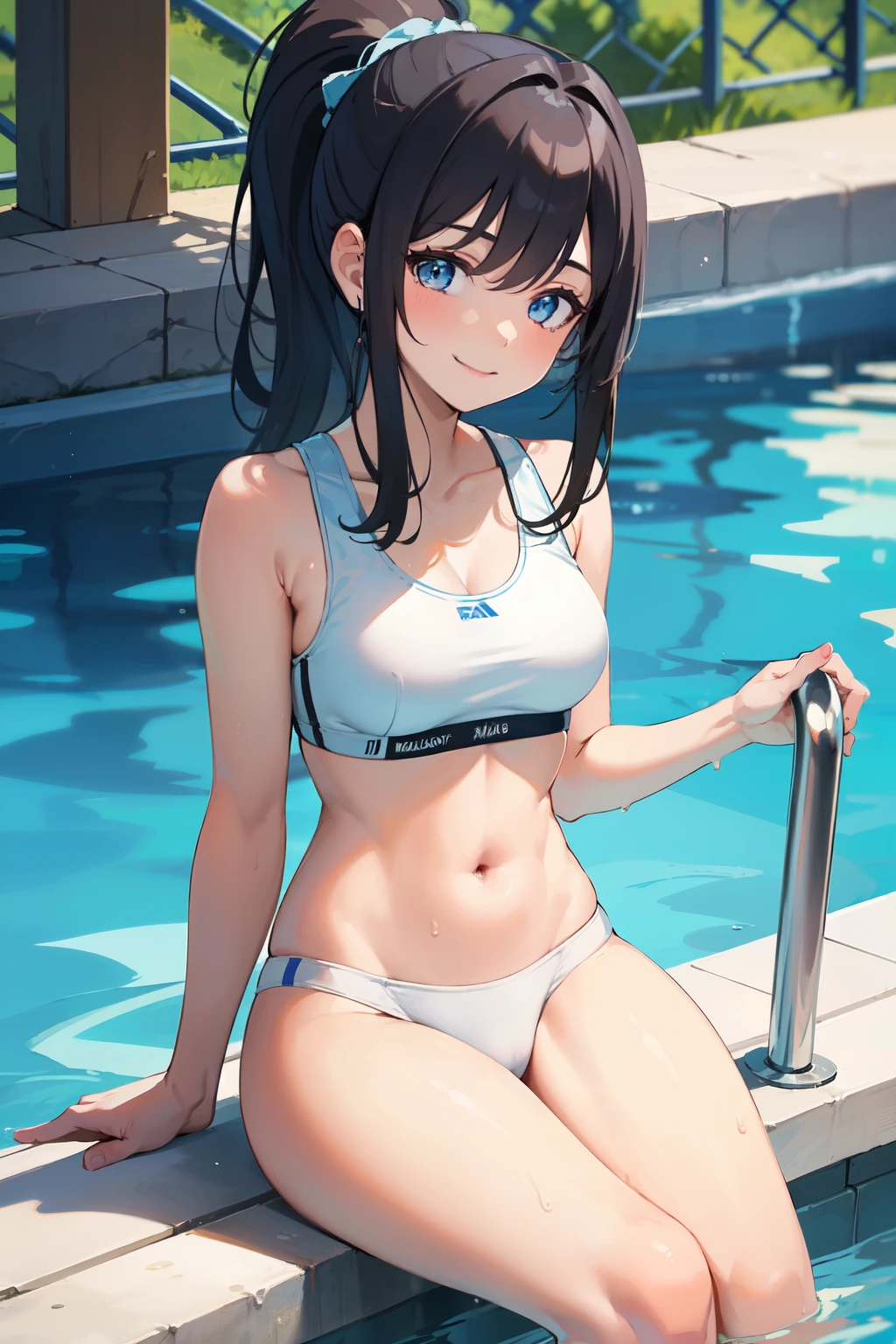 ((best quality)), ((masterpiece)), (detailed), 1 Girl, beautiful girl,,Smile, Flax hair, blue eyes, Ponytail, White Sports Bra, Sit by the pool and play in the water, Swimwear,beautiful girl,