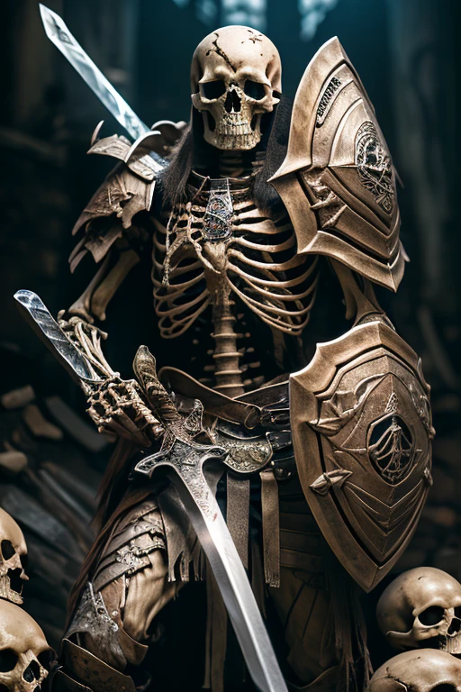 (highest quality、32k、masterpiece、Very detailed、超A high resolution)、Skeleton Warrior、dim、Inside the ruins、sword、shield、A pile of skeletons around