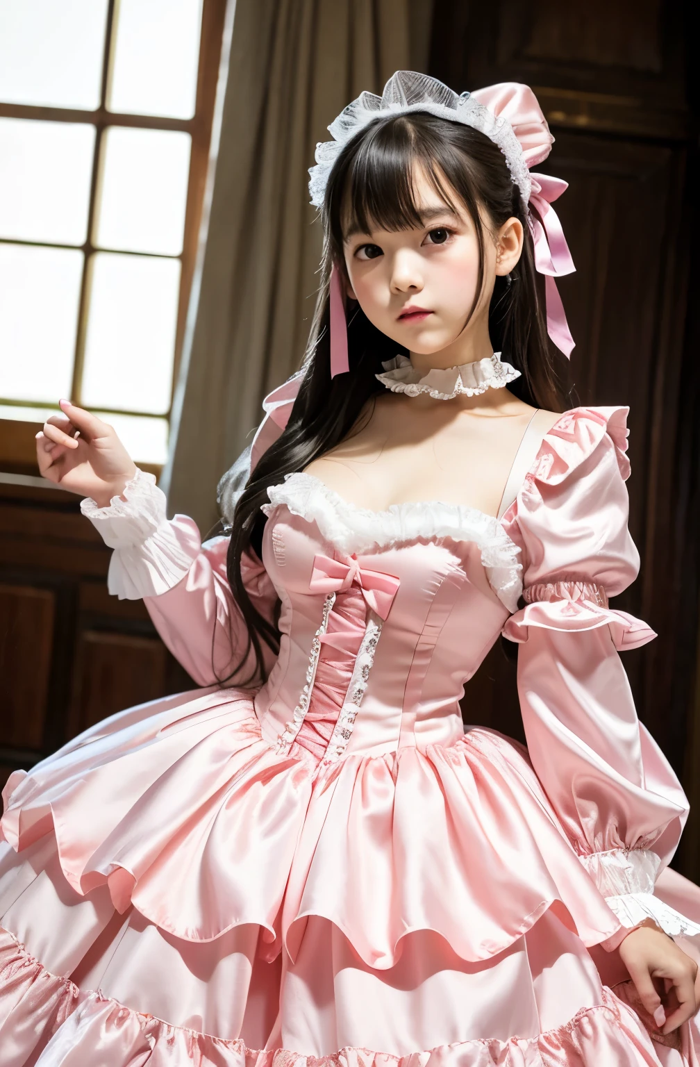 ,highest quality, masterpiece, Highest Resolution, artwork, super それにGet used to it, many Get used to it, Get used to it, それにGet used to it, ,,((15-year-old girl)),Super detailed baby face,Princess、Ball gown dress with hoop skirt,Frilled yoke collar,Ribbon woven on chest,Puff sleeves,((Her skirt is pulled up and rolled up and her thighs are visible,)),((Lolita style hot pink detailed princess satin dress、Lots of frills and ribbons。))