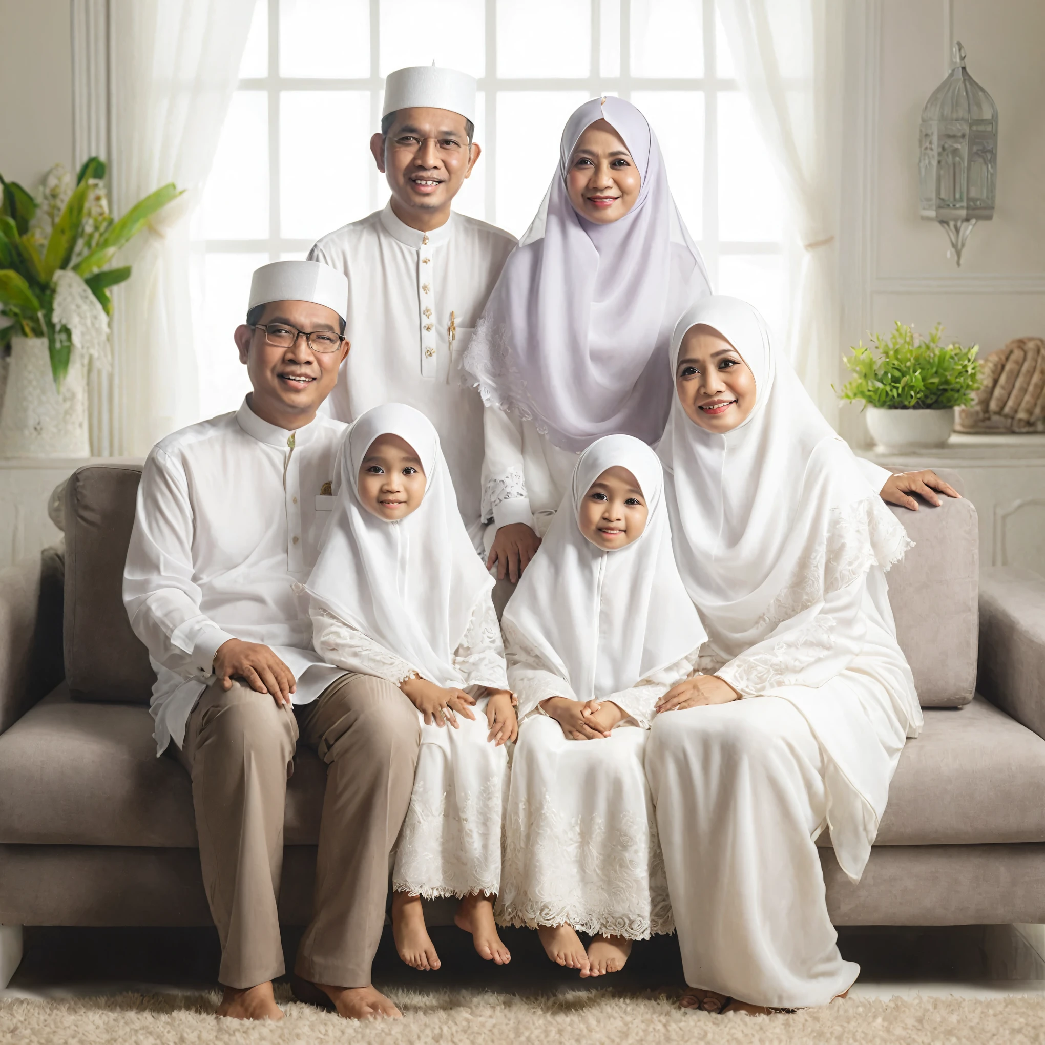 arafed family sitting on a couch in a living room, an indonesian family portrait, happy family, barong family, family portrait, portrait shot, barong family member, full protrait, home photography portrait, family, family photography, malaysian, modest, wearing white cloths, muslim, mourning family, potrait, realism art, by Basuki Abdullah