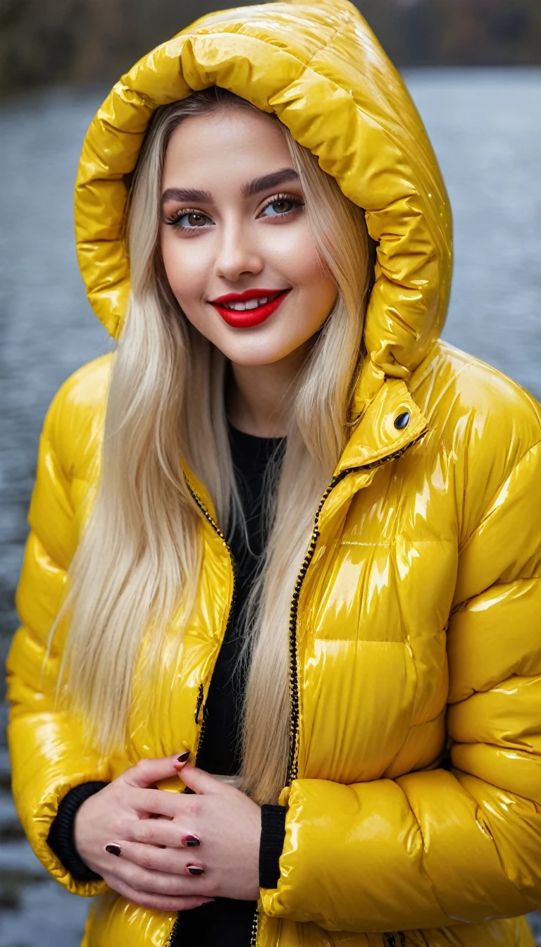 hyperrealistic beautiful busty 19-year-old woman with long legs wearing casual winter outfit with shiny yellow vinyl puffer coat, model shooting full body photography, bleached blonde very long straight hair, soaky wet skin, dark eye makeup with eyeliner, seductive smile, red lips, 8K, Best quality, Meisterwerk, ultra high resolution, (Realismus: 1.4), Originalfoto, (realistische Hautstruktur: 1.3), (Filmkorn: 1.3), (Selfie-Winkel), 1 girl, Beautiful round hazel eyes and facial details, Meisterwerk, Best quality, outdoor photography
