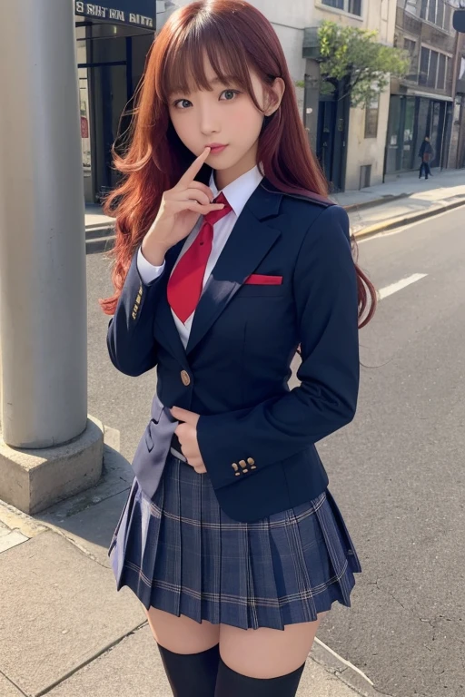 Deserted Town、Beautiful high school girls 1.5、((Turning around 1.5)、High school girl uniform 1.5、Fishnet tights、Garter Stockings、(Navy blue blazer uniform、Woman in a mini skirt 1.5)、Large breasts、The nipples are erect、Open your mouth wide 1.2、A nice build of medium build、Red collar 1.5、Nice body 1.5))、I have long hair。、Loose Curly Hair、Red Hair 1.5、Full Body Shot