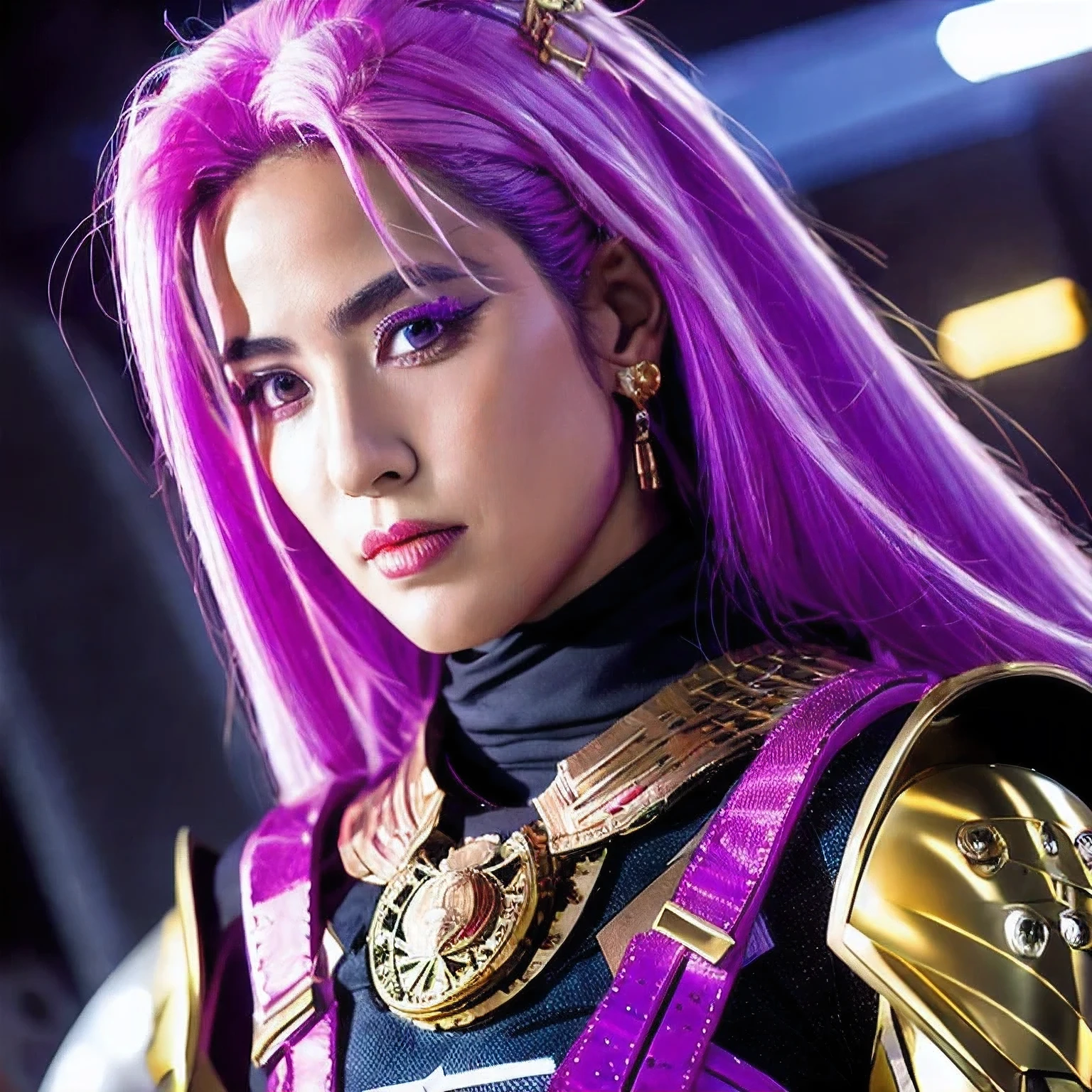 A close-up of a person wearing a purple pink suit with white hair, Palestinian cyborg, cyberpunk Palestine, God Emperor Gazan, Emperor Palestine as anime righteous Gazan as Sith Lord, Light Lord Palestine, Laser Eye Palestine as Batman Palestine (a Palestinian)