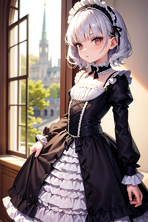 {loli}, regal, palace hallway, window, girl, small, short curly hair, fair skin, cute, fancy {lolita} dress, frills, royal.