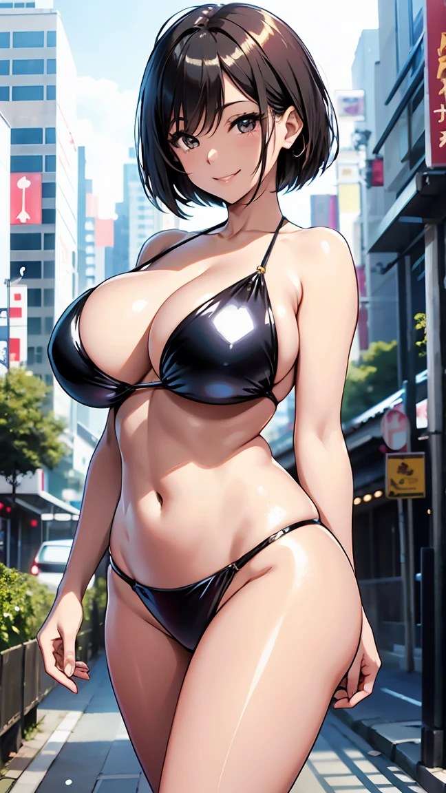 Standing wearing shiny bikini、Outstanding smile、 milf 、Japanes、huge breast、short hair、(Shiny skin:1.4)、arms behind back, pigeon toed, Esbian all over、cityscape