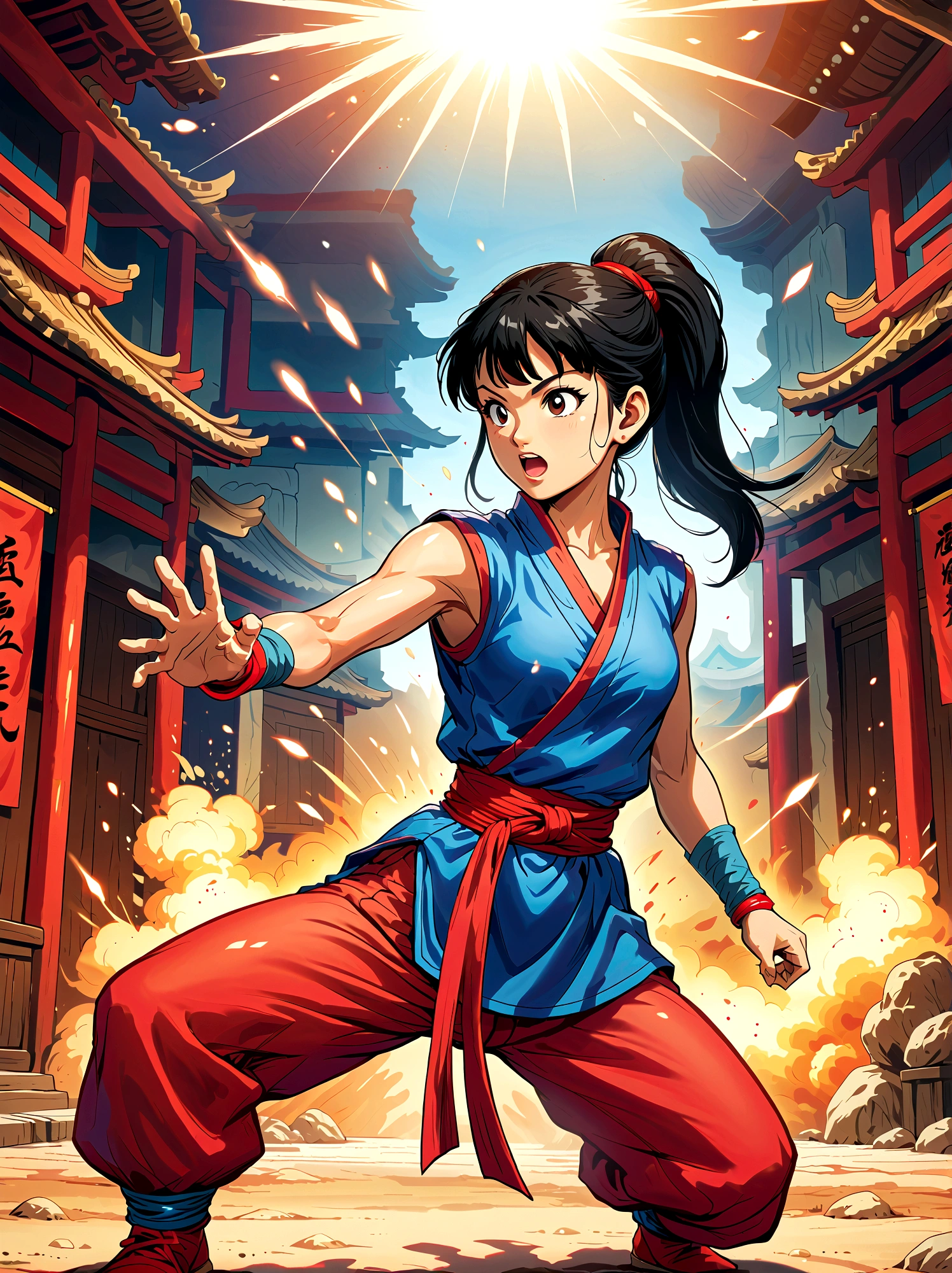 dragonballchichi, chi chi, black eyes, black hair, long hair, hime cut, blunt bangs, sidelocks,bare arms, blue dress, china dress, chinese clothes, dress, high collar, obi, pants, ponytail, red pants, red sash, red wristband, sash, side slit, sleeveless, sleeveless dress, wristband, indoors, dojo, fighting stance, open mouth, looking at viewer, dutch angle, cowboy shot, Looking at the audience，Dynamic poses，fighting，Explosion，Explosion Background，Martial arts tournament background