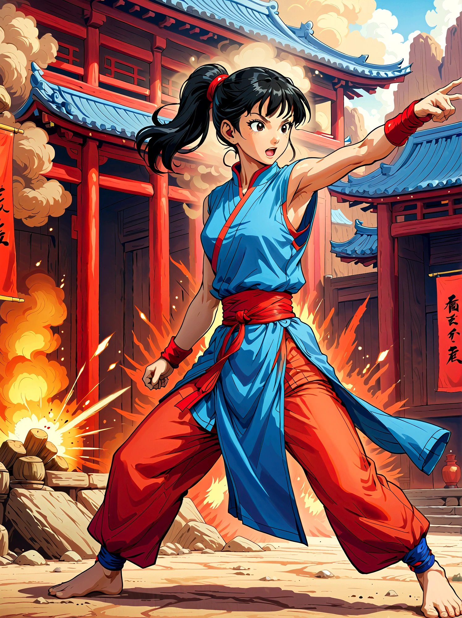 dragonballchichi, chi chi, black eyes, black hair, long hair, hime cut, blunt bangs, sidelocks,bare arms, blue dress, china dress, chinese clothes, dress, high collar, obi, pants, ponytail, red pants, red sash, red wristband, sash, side slit, sleeveless, sleeveless dress, wristband, indoors, dojo, fighting stance, open mouth, looking at viewer, dutch angle, cowboy shot, Looking at the audience，Dynamic poses，fighting，Explosion，Explosion Background，Martial arts tournament background