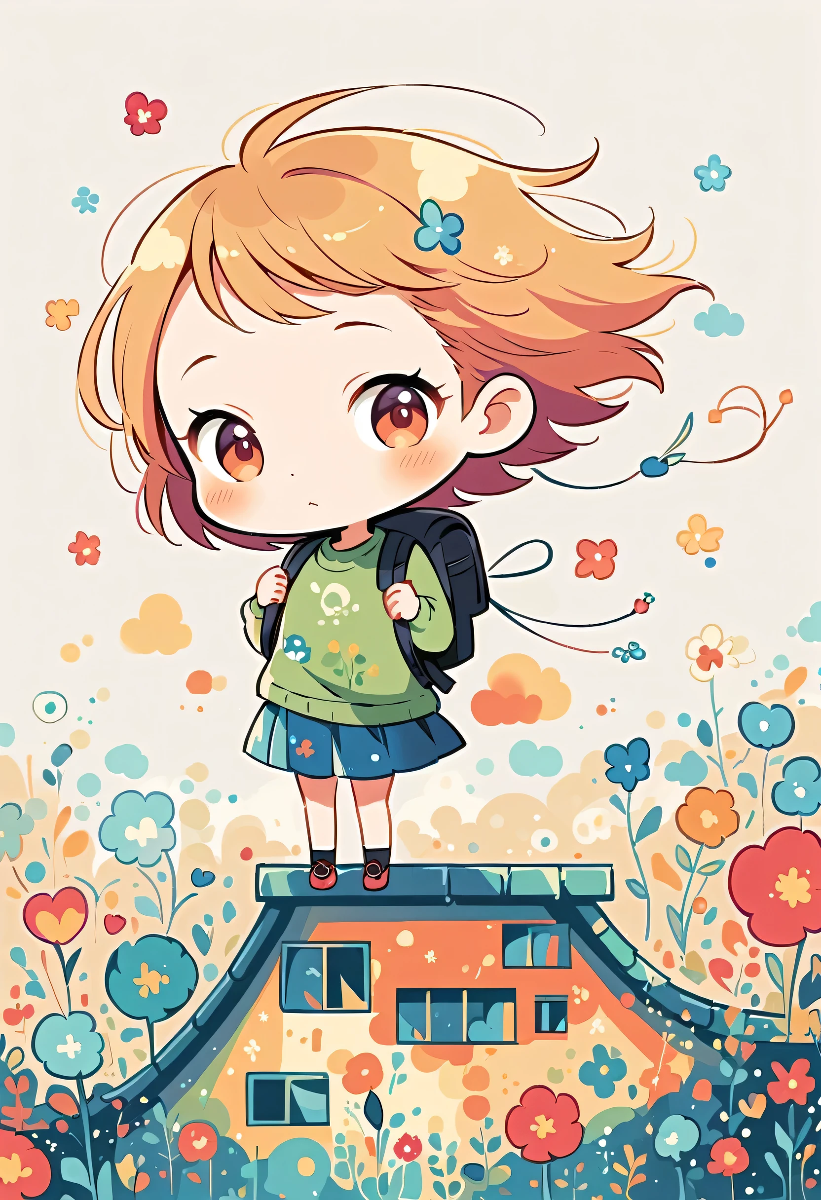 Yomu style, Standing on the roof，Girl with backpack on rooftop，My backpack is full of happy spring，Simple Line Initialism，Abstract art，Urban Background, (((The most beautiful girl))), (((chibi)))