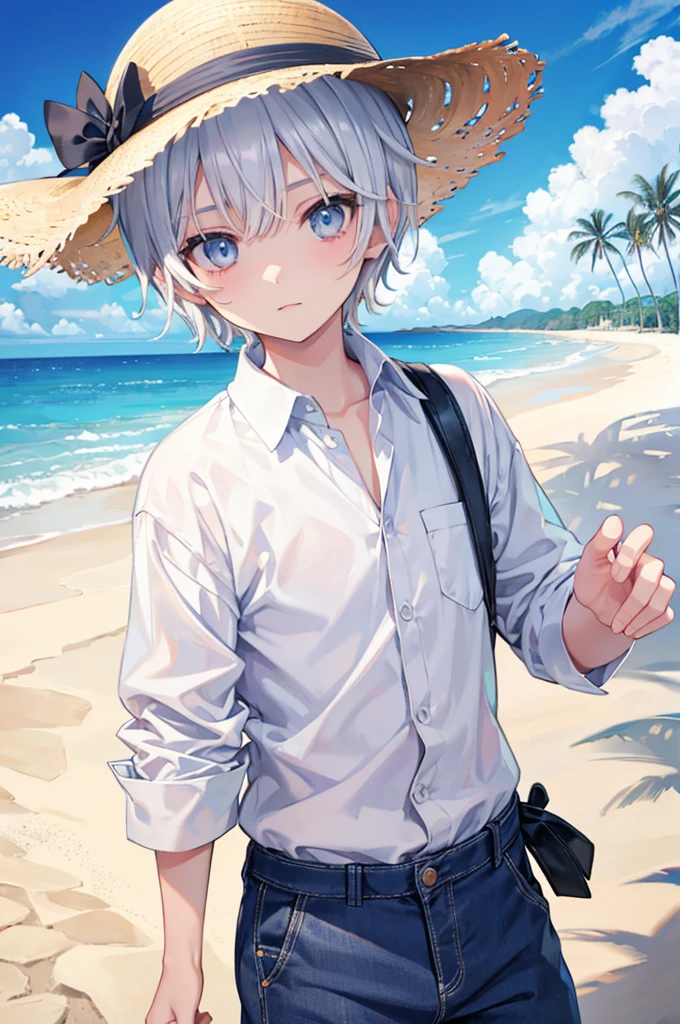 Silver Hair short hair Big Eyes Dark Eyes man Beautiful boy Baby Face shirt blue sea White sand beach Light of the sun Straw hat